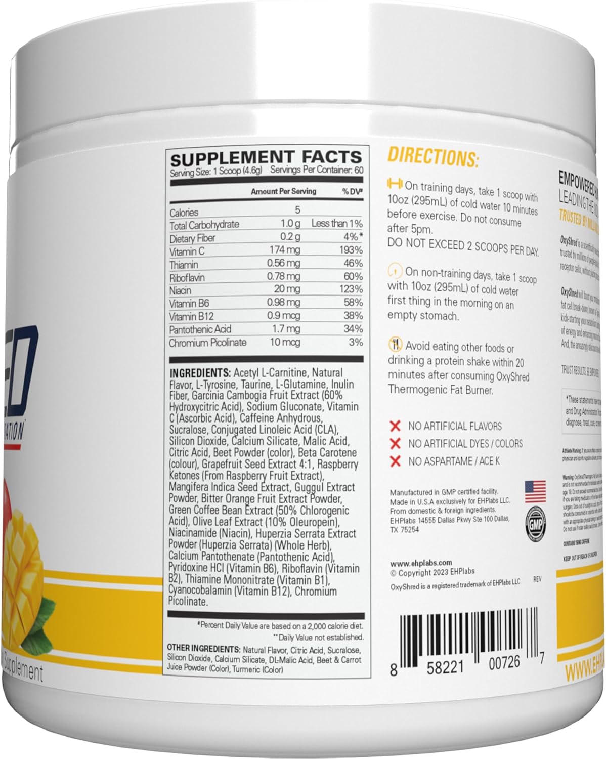 EHP Labs OxyShred Mango Preworkout Powder - Energy Boost Drink with L Glutamine & Acetyl L Carnitine, 60 Servings