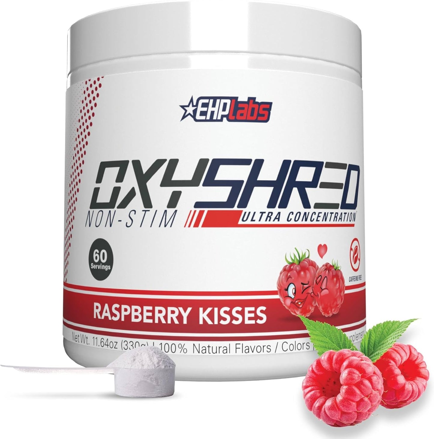 EHP Labs OxyShred Non Stimulant Pre Workout Powder - Caffeine Free Energy Supplement for Men & Women - Raspberry Flavor, 60 Servings