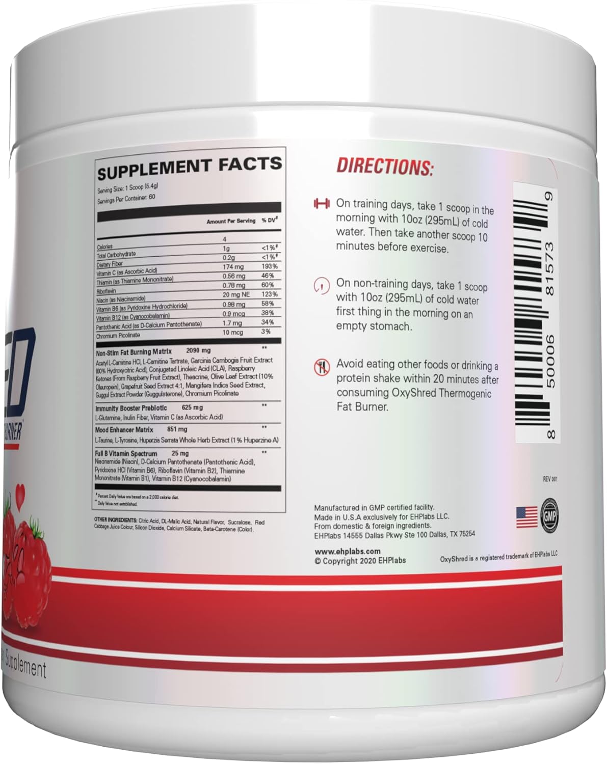 EHP Labs OxyShred Non Stimulant Pre Workout Powder - Caffeine Free Energy Supplement for Men & Women - Raspberry Flavor, 60 Servings
