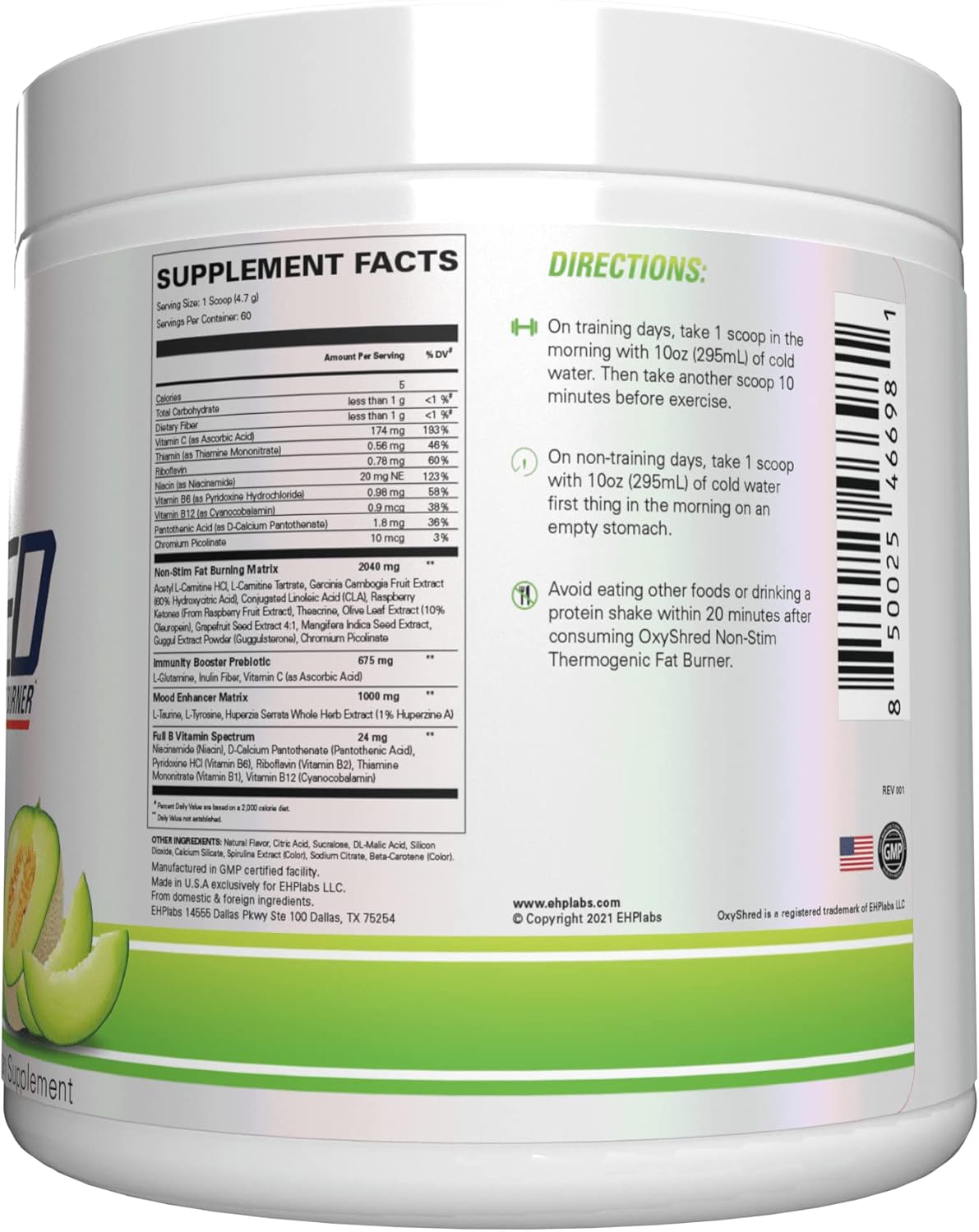 EHP Labs OxyShred Non-Stimulant Pre Workout Powder - Caffeine-Free & Stimulant-Free Formula with L-Glutamine & Acetyl L-Carnitine - Honeydew Melon Flavor, 60 Servings
