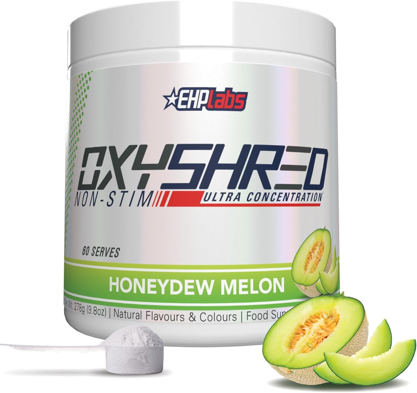 EHP Labs OxyShred Non-Stimulant Pre Workout Powder - Caffeine-Free & Stimulant-Free Formula with L-Glutamine & Acetyl L-Carnitine - Honeydew Melon Flavor, 60 Servings