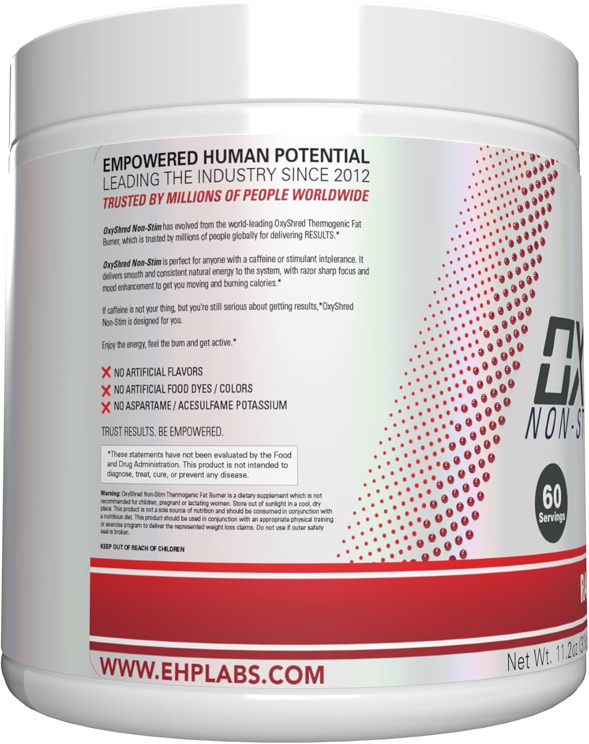 EHP Labs OxyShred Non Stimulant Pre Workout Powder - Caffeine Free Energy Supplement for Men & Women - Raspberry Flavor, 60 Servings