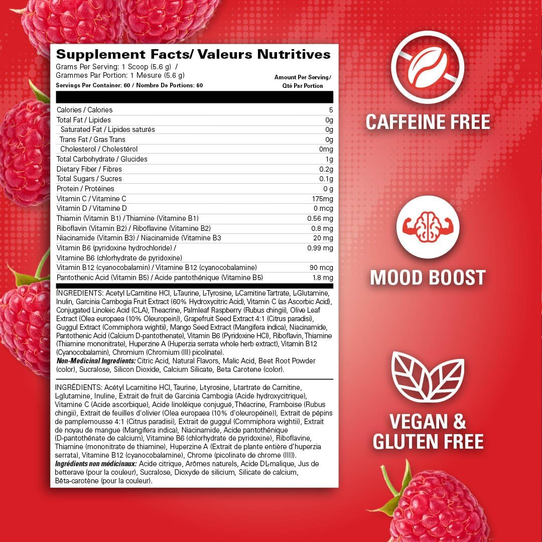 EHP Labs OxyShred Non Stimulant Pre Workout Powder - Caffeine Free Energy Supplement for Men & Women - Raspberry Flavor, 60 Servings