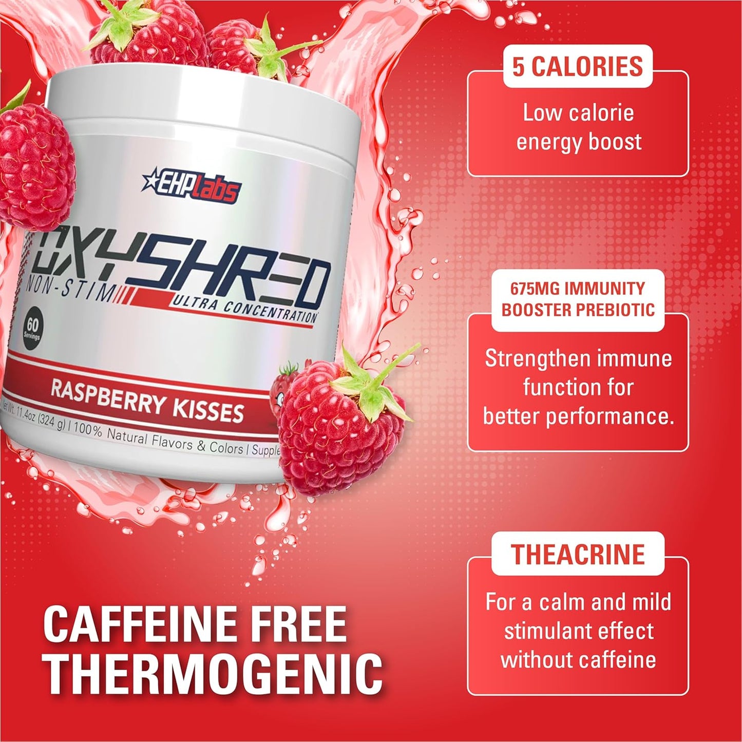 EHP Labs OxyShred Non Stimulant Pre Workout Powder - Caffeine Free Energy Supplement for Men & Women - Raspberry Flavor, 60 Servings