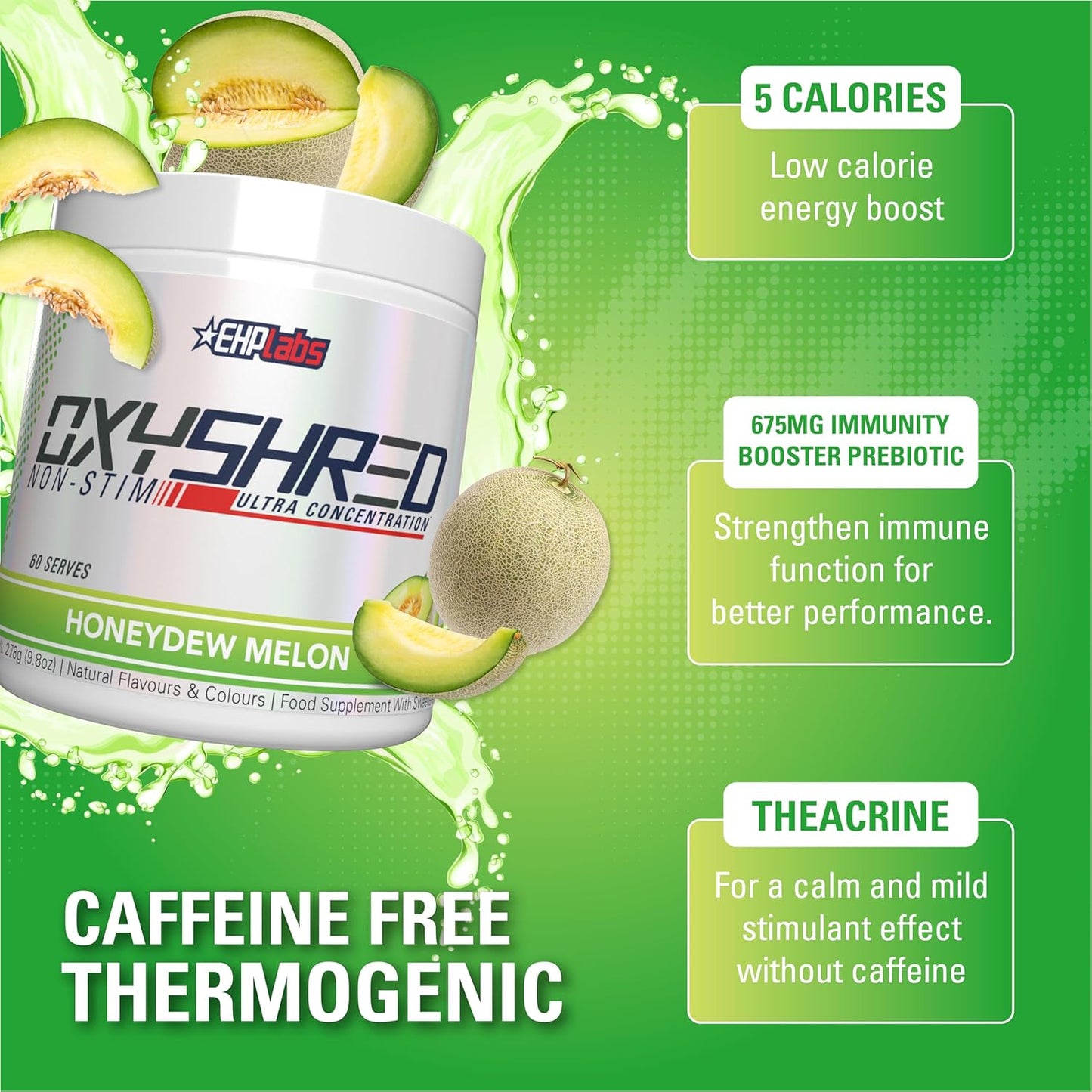 EHP Labs OxyShred Non-Stimulant Pre Workout Powder - Caffeine-Free & Stimulant-Free Formula with L-Glutamine & Acetyl L-Carnitine - Honeydew Melon Flavor, 60 Servings