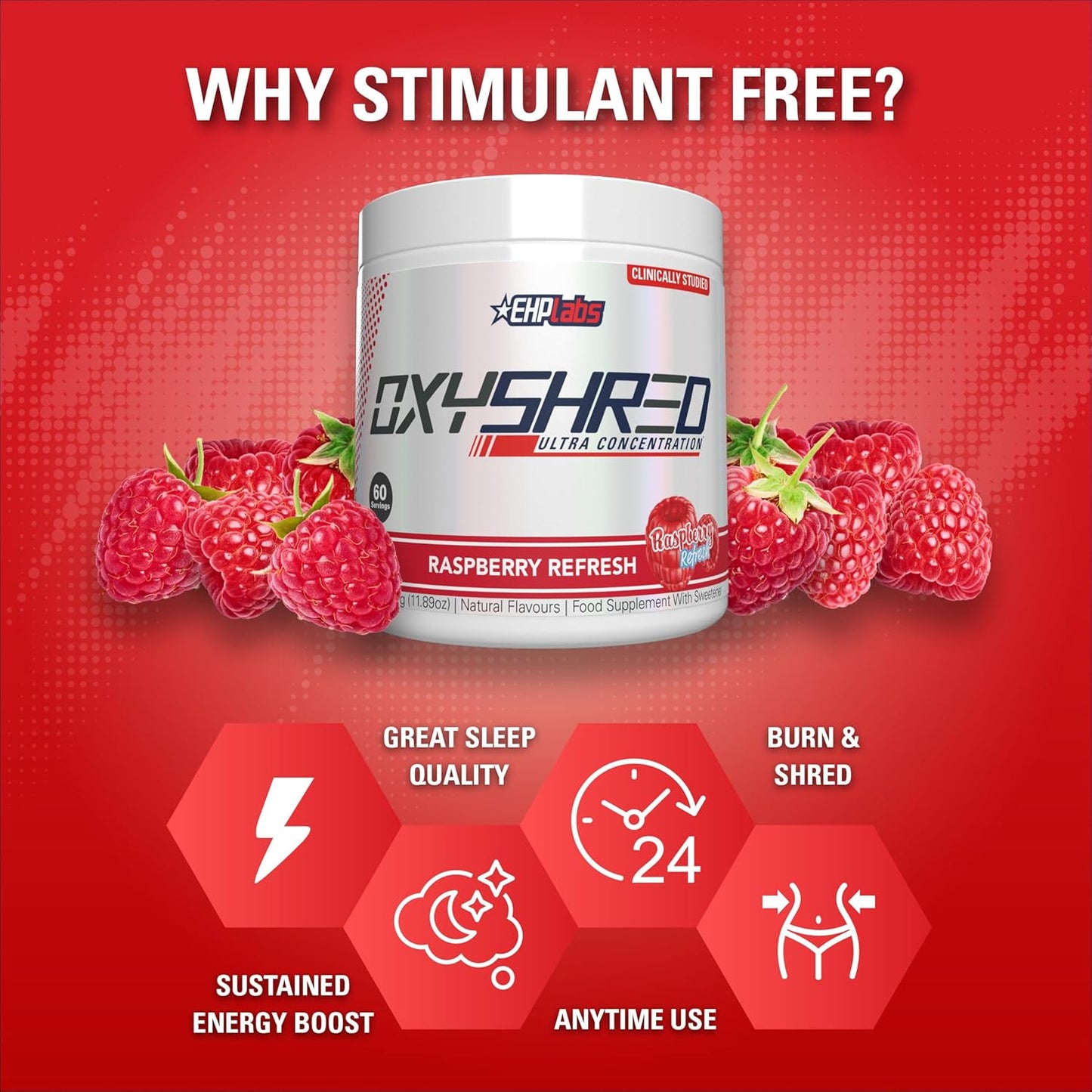 EHP Labs OxyShred Non Stimulant Pre Workout Powder - Caffeine Free Energy Supplement for Men & Women - Raspberry Flavor, 60 Servings