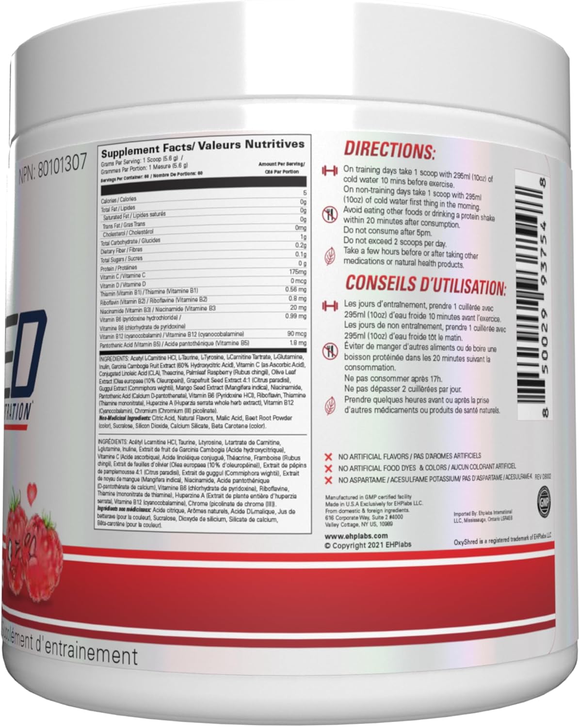 EHP Labs OxyShred Non Stimulant Pre Workout Powder - Caffeine Free Energy Supplement for Men & Women - Raspberry Flavor, 60 Servings