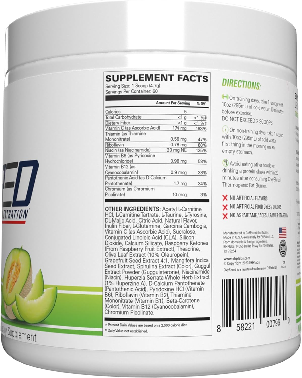 EHP Labs OxyShred Non-Stimulant Pre Workout Powder - Caffeine-Free & Stimulant-Free Formula with L-Glutamine & Acetyl L-Carnitine - Honeydew Melon Flavor, 60 Servings