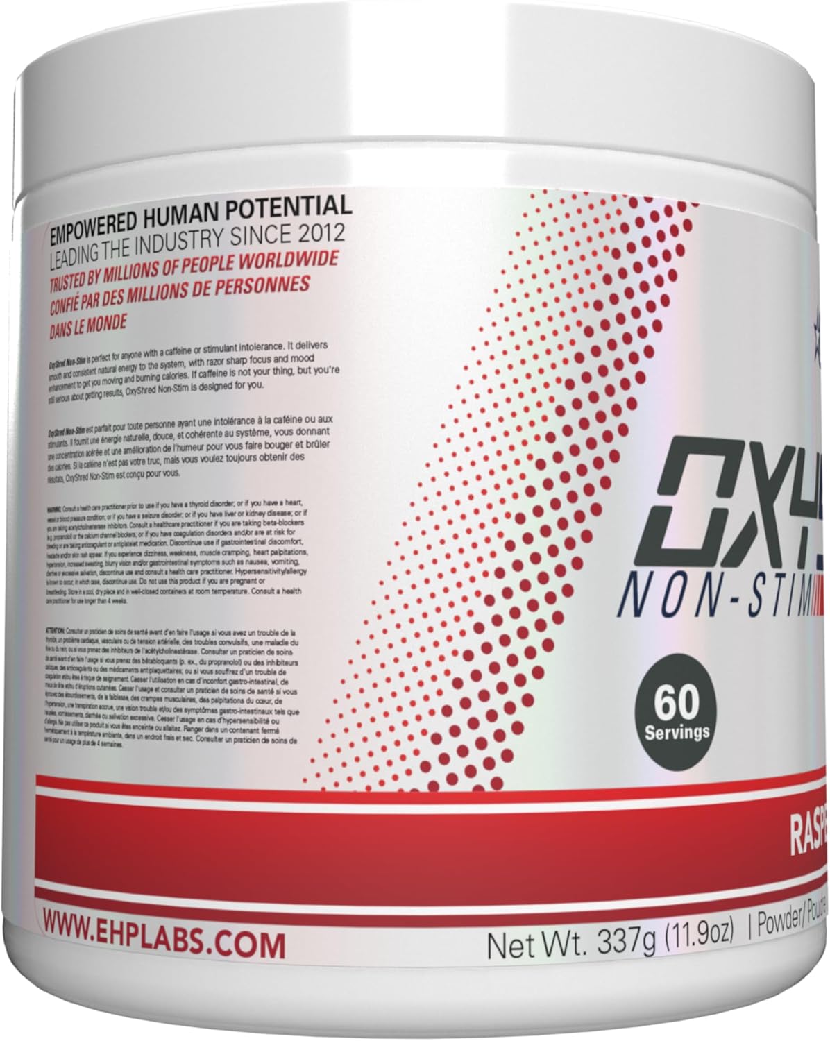 EHP Labs OxyShred Non Stimulant Pre Workout Powder - Caffeine Free Energy Supplement for Men & Women - Raspberry Flavor, 60 Servings