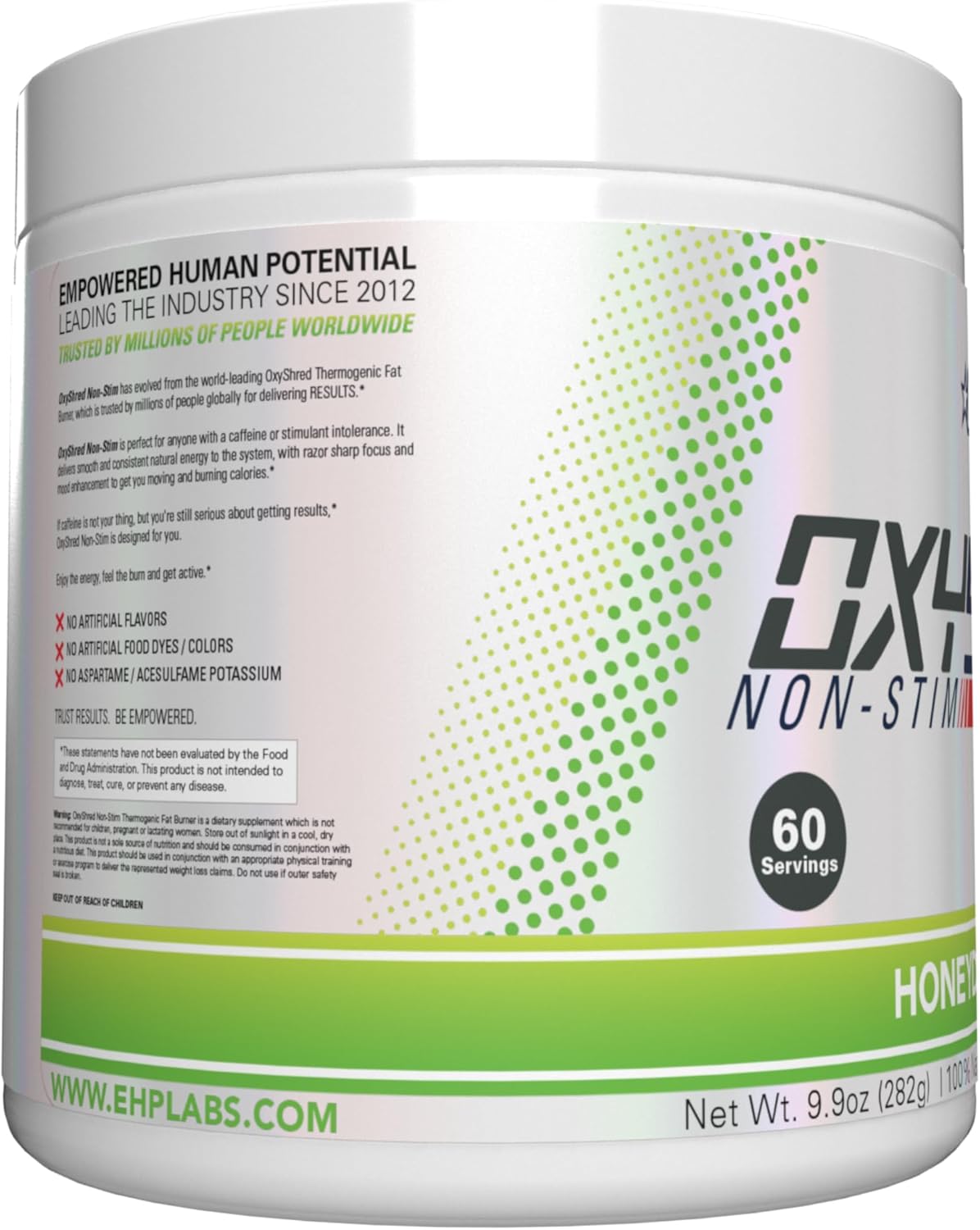 EHP Labs OxyShred Non-Stimulant Pre Workout Powder - Caffeine-Free & Stimulant-Free Formula with L-Glutamine & Acetyl L-Carnitine - Honeydew Melon Flavor, 60 Servings