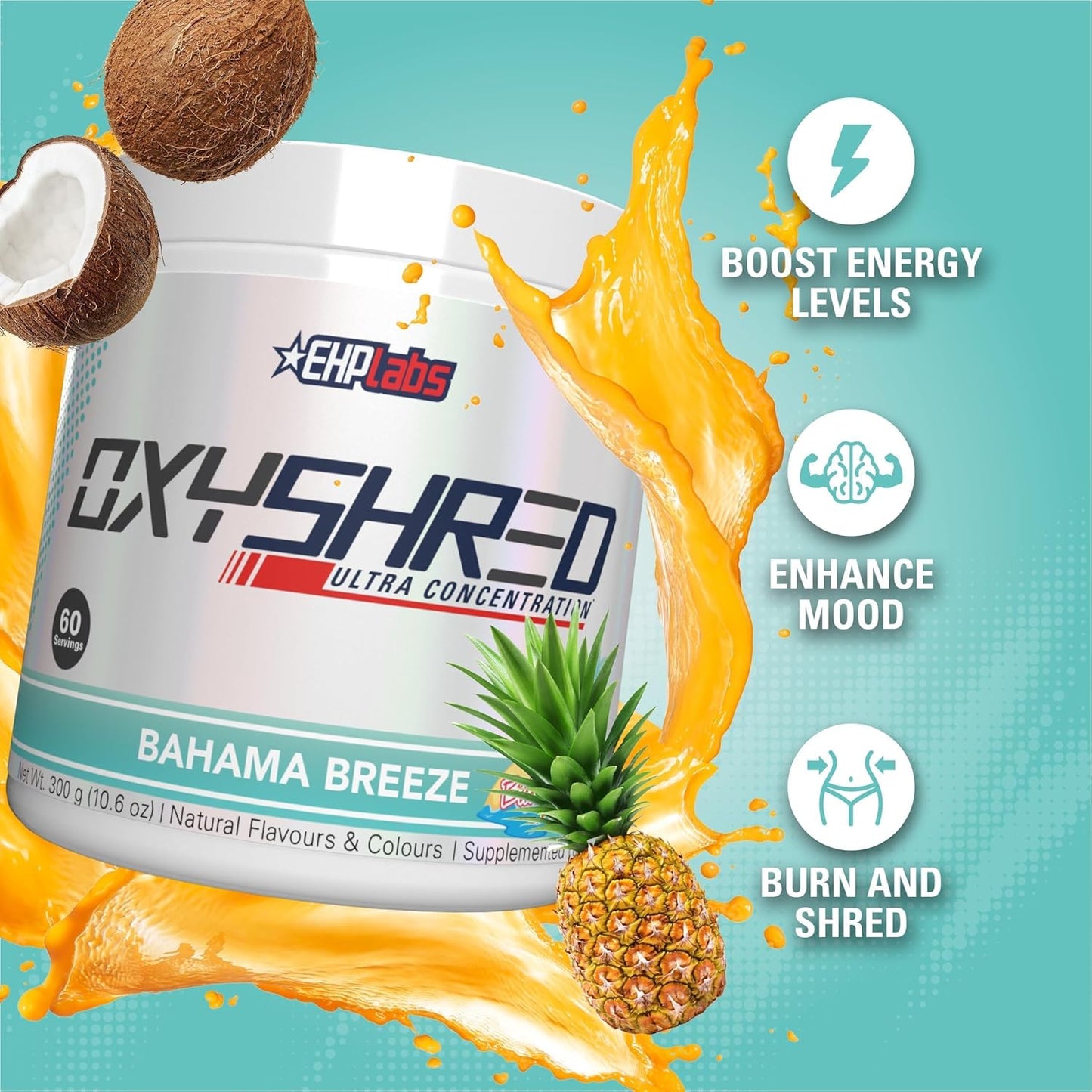 EHP Labs OxyShred Preworkout Powder - Energy Boost Drink with L Glutamine & Acetyl L Carnitine - Bahama Breeze Flavor - 60 Servings