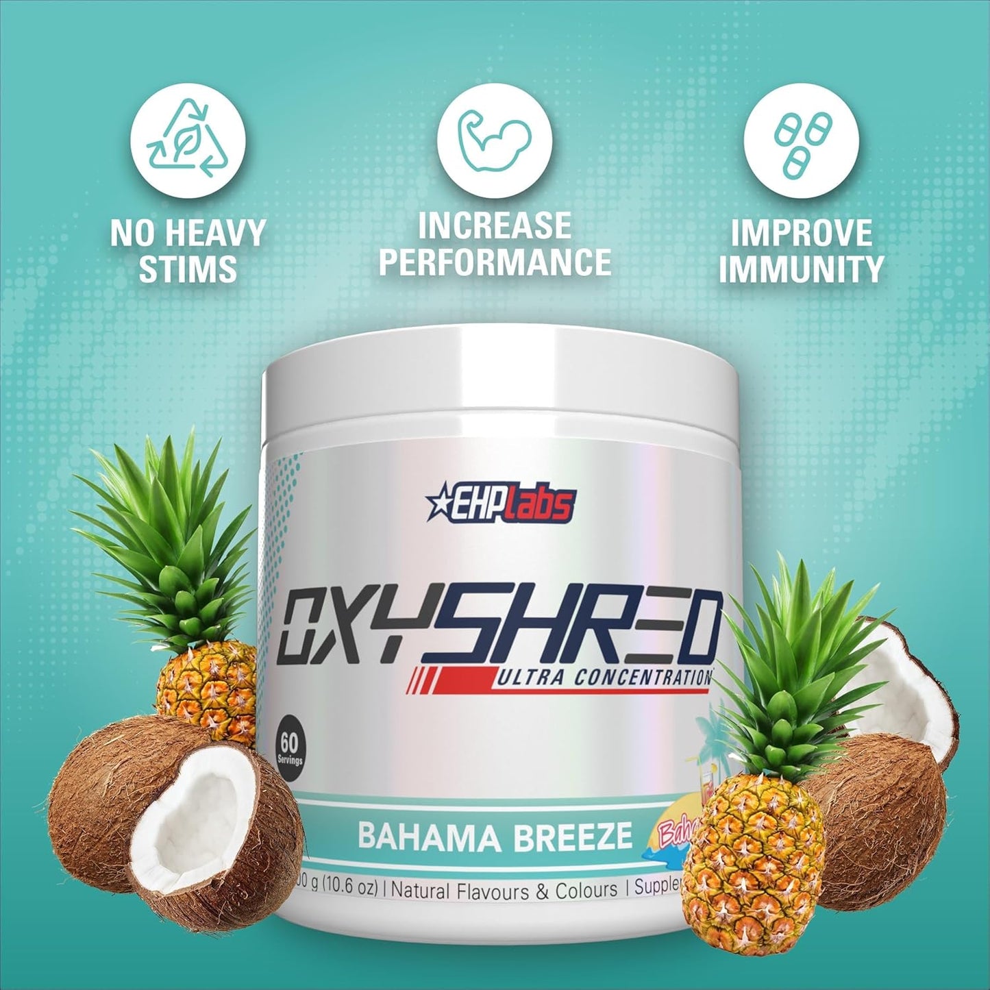 EHP Labs OxyShred Preworkout Powder - Energy Boost Drink with L Glutamine & Acetyl L Carnitine - Bahama Breeze Flavor - 60 Servings