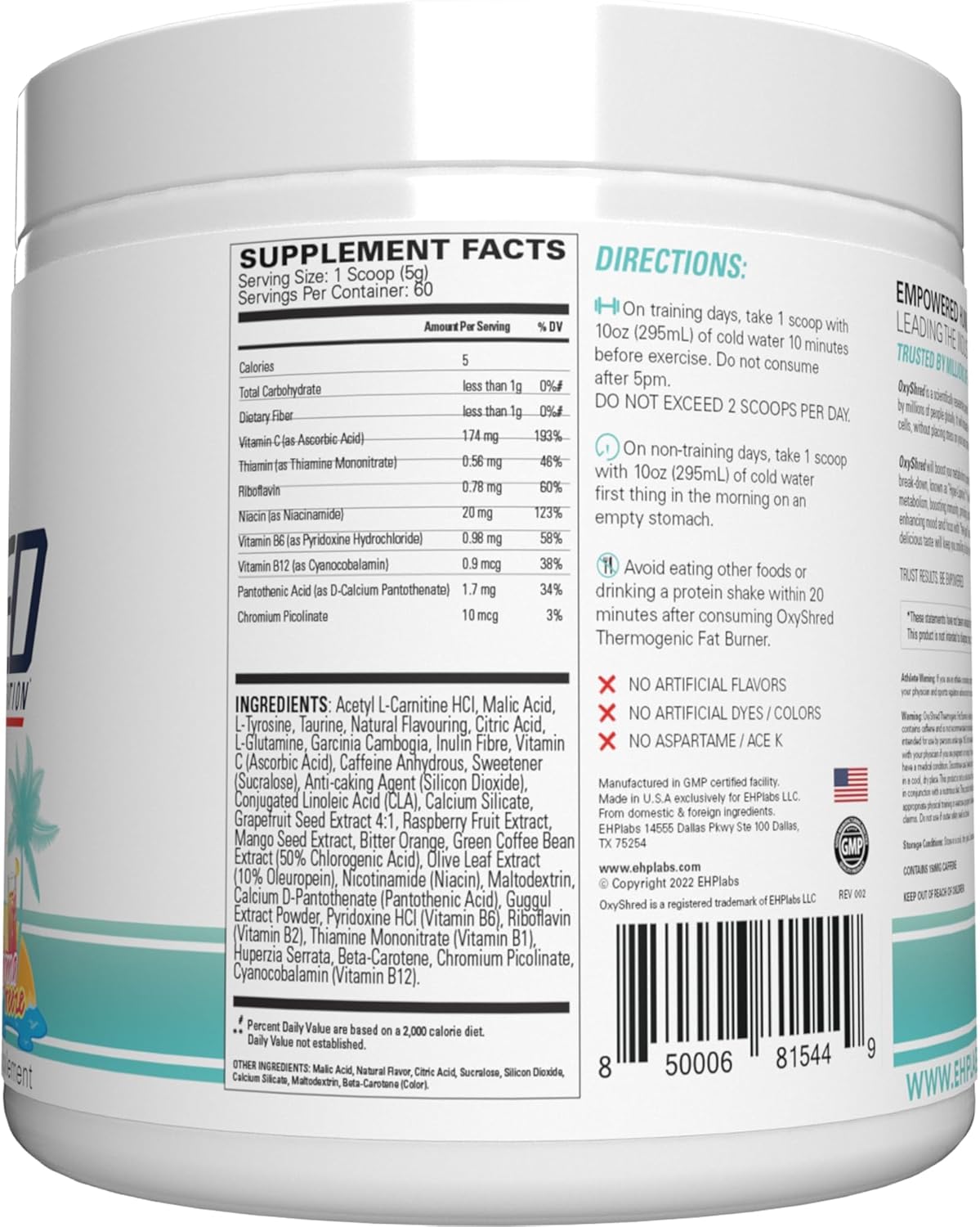 EHP Labs OxyShred Preworkout Powder - Energy Boost Drink with L Glutamine & Acetyl L Carnitine - Bahama Breeze Flavor - 60 Servings