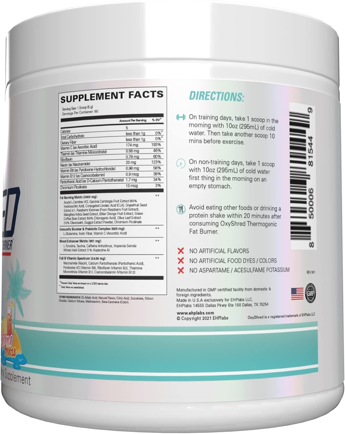 EHP Labs OxyShred Preworkout Powder - Energy Boost Drink with L Glutamine & Acetyl L Carnitine - Bahama Breeze Flavor - 60 Servings