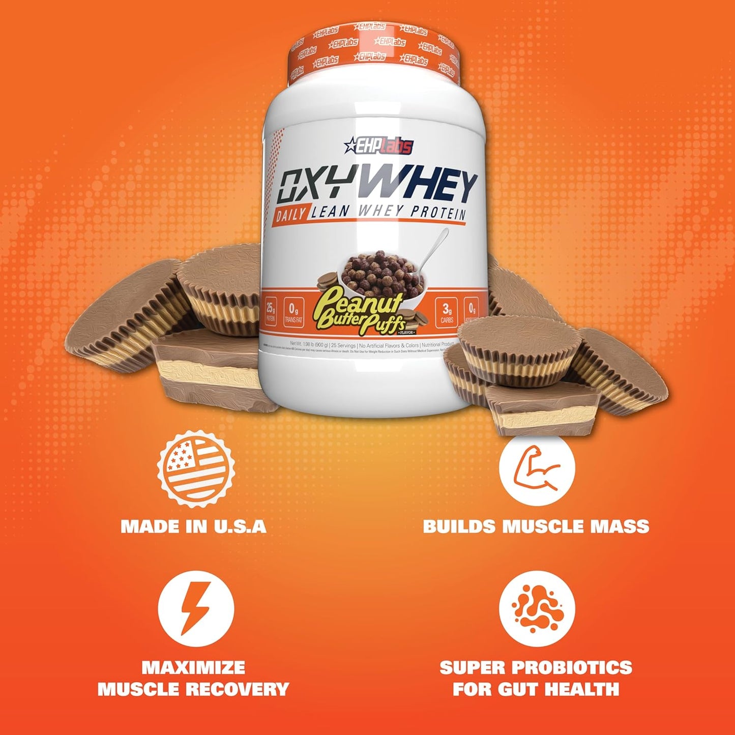EHP Labs OxyWhey Peanut Butter Puffs Protein Powder - 25 Servings, Whey Isolate, Sugar-Free Meal Replacement Shake