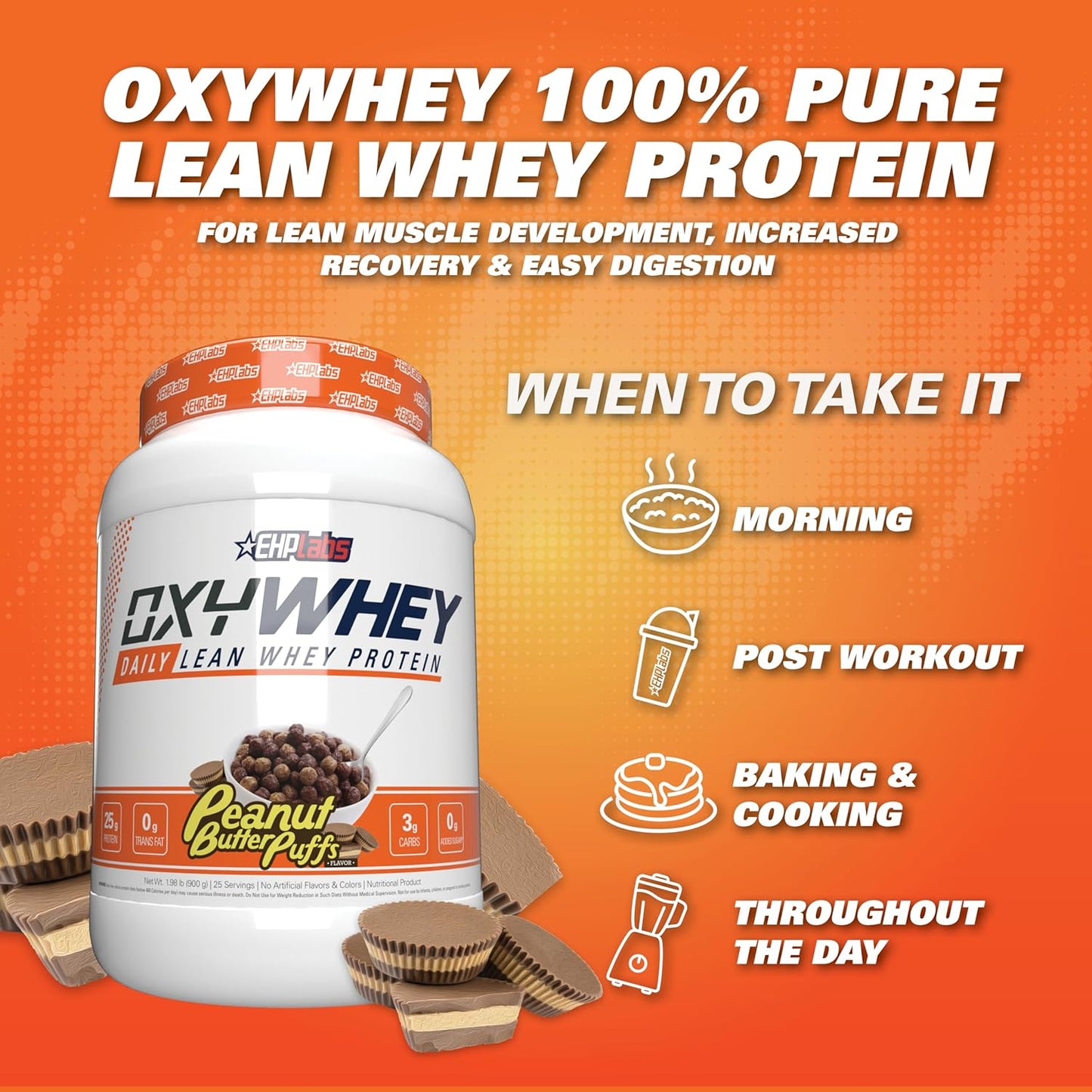 EHP Labs OxyWhey Peanut Butter Puffs Protein Powder - 25 Servings, Whey Isolate, Sugar-Free Meal Replacement Shake