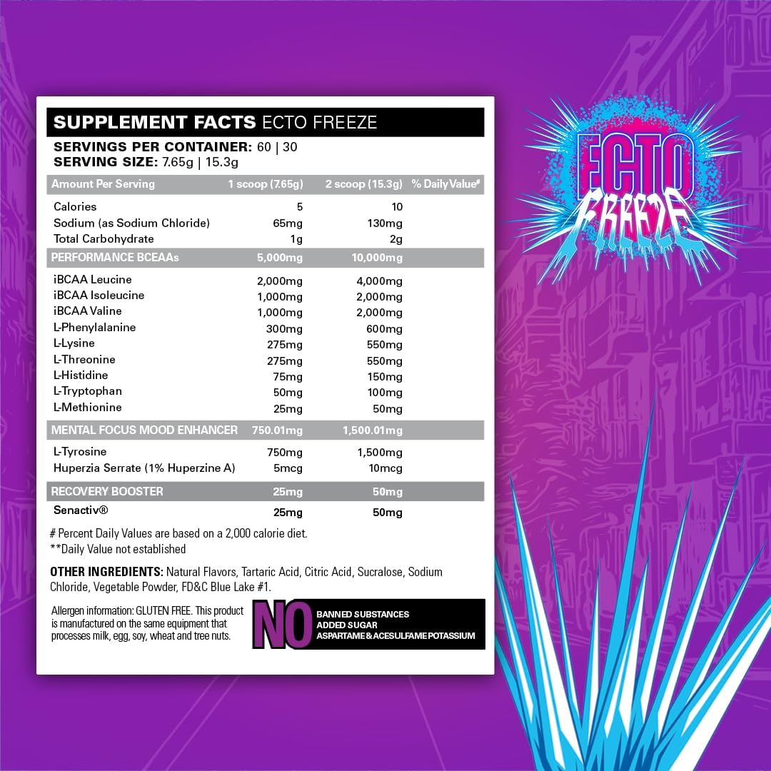 EHP Labs x Ghostbusters Beyond BCAA Powder: Sugar-Free Amino Acids Supplement for Muscle Recovery - Ecto Freeze Flavor - 60 Servings