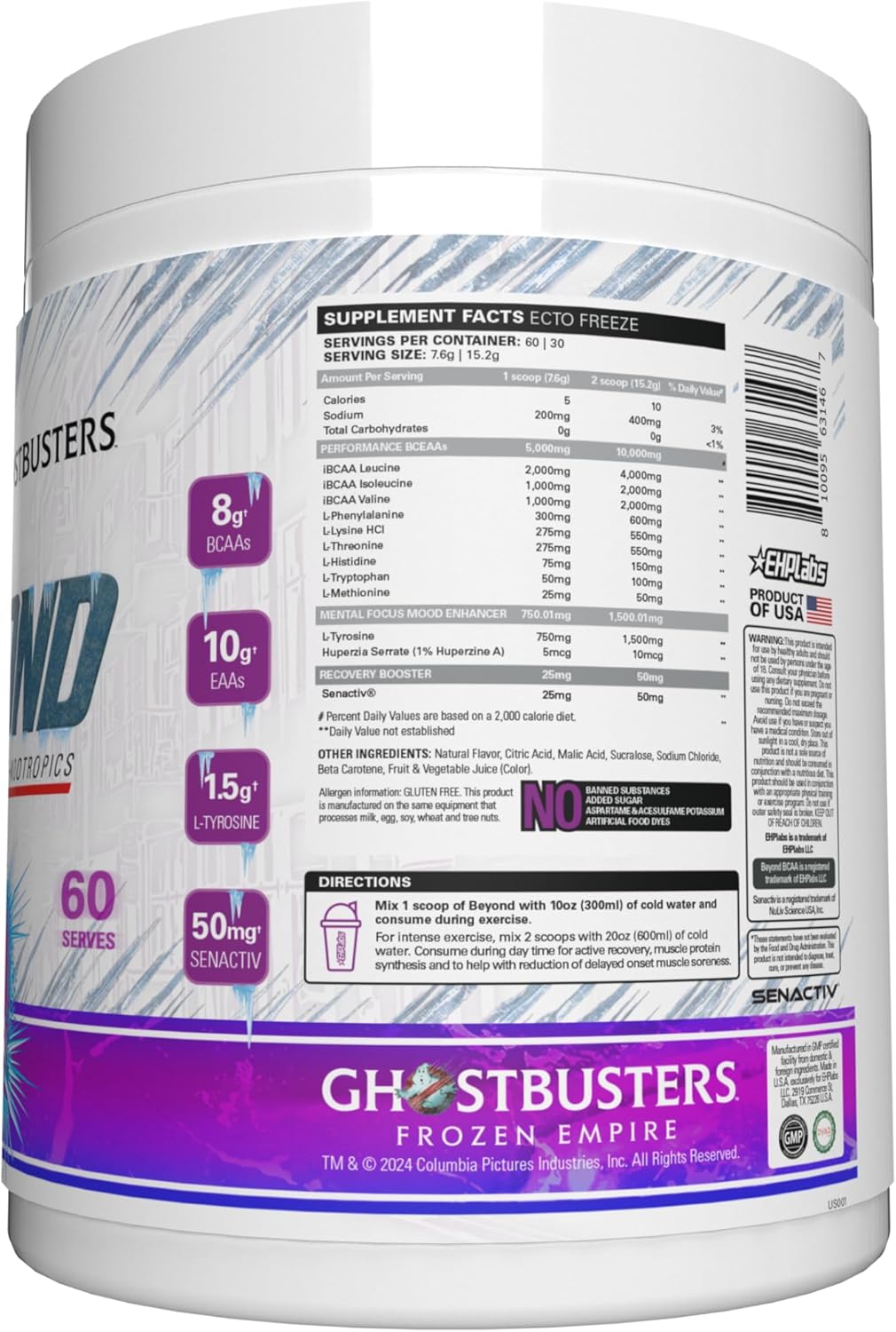 EHP Labs x Ghostbusters Beyond BCAA Powder: Sugar-Free Amino Acids Supplement for Muscle Recovery - Ecto Freeze Flavor - 60 Servings