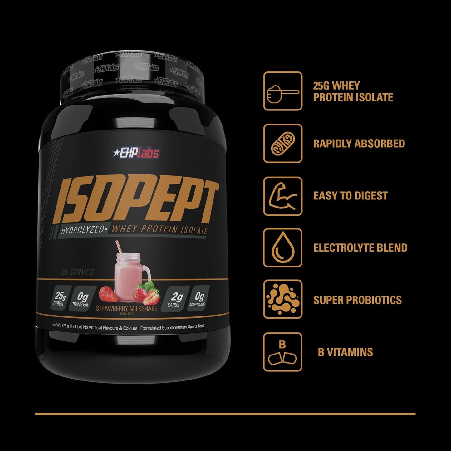 EHPlabs IsoPept Hydrolyzed Whey Protein Powder - Strawberry Milkshake Flavor, 27g Protein, Fast Absorption, Gluten-Free, Non-GMO - 27 Servings