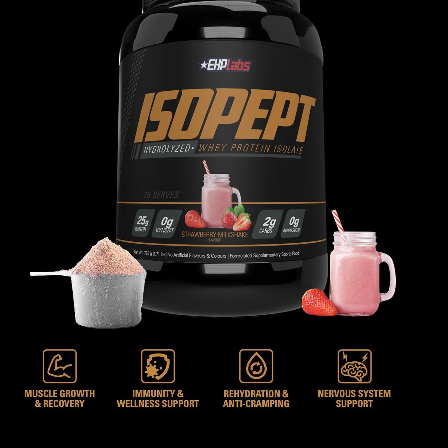 EHPlabs IsoPept Hydrolyzed Whey Protein Powder - Strawberry Milkshake Flavor, 27g Protein, Fast Absorption, Gluten-Free, Non-GMO - 27 Servings