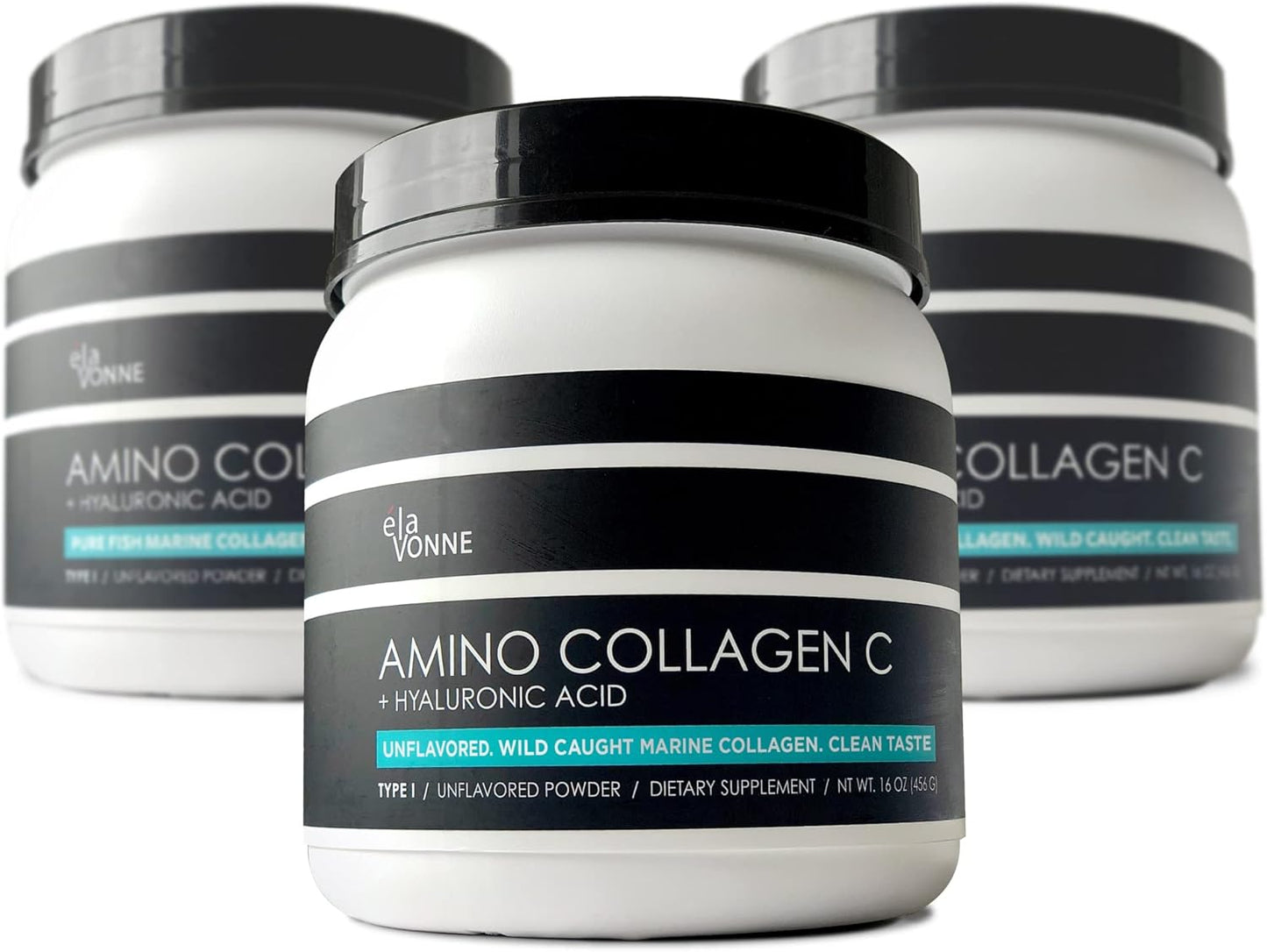 E´LAVONNE Amino Collagen C Powder - 3-Pack (180 Scoops) Marine Collagen Peptides with Hyaluronic Acid - Non GMO, Sugar-Free, Odorless - USA Made for Hair, Skin, Nails, Joints, and Gut Health