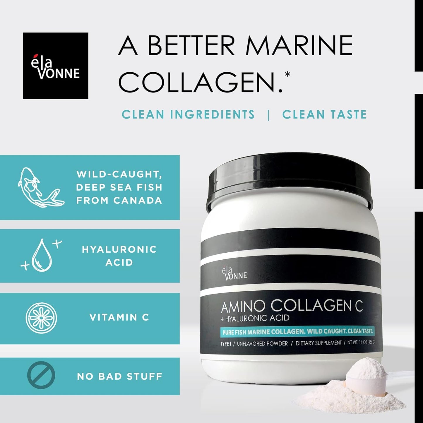 E´LAVONNE Amino Collagen C Powder - 3-Pack (180 Scoops) Marine Collagen Peptides with Hyaluronic Acid - Non GMO, Sugar-Free, Odorless - USA Made for Hair, Skin, Nails, Joints, and Gut Health