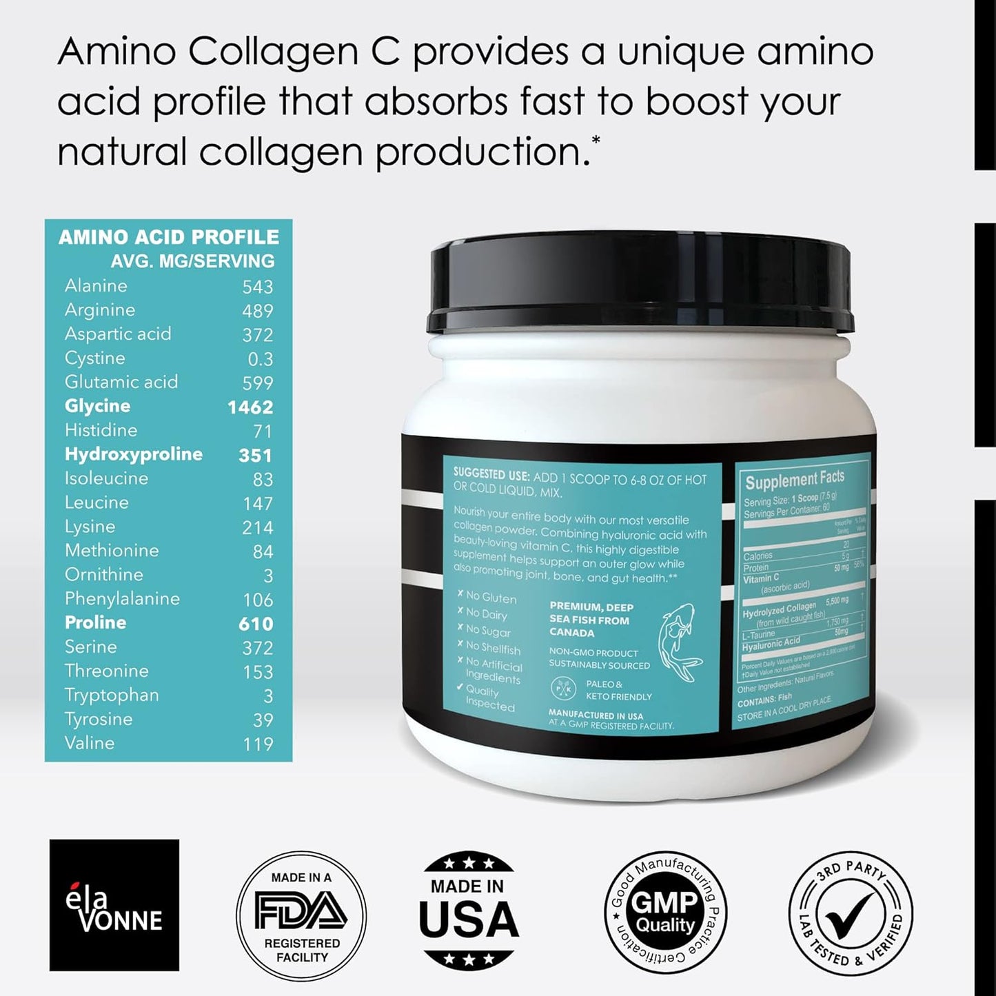 E´LAVONNE Amino Collagen C Powder - 3-Pack (180 Scoops) Marine Collagen Peptides with Hyaluronic Acid - Non GMO, Sugar-Free, Odorless - USA Made for Hair, Skin, Nails, Joints, and Gut Health