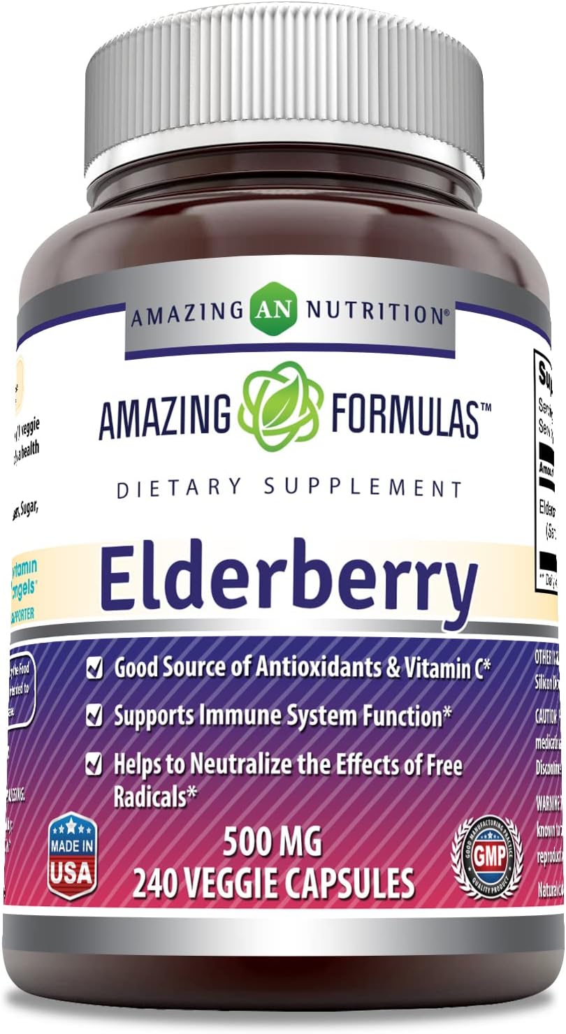 Elderberry 10:1 Concentrate Supplement - 500mg per Serving - 240 Capsules - Non-GMO & Gluten-Free - Made in USA by Amazing Nutrition