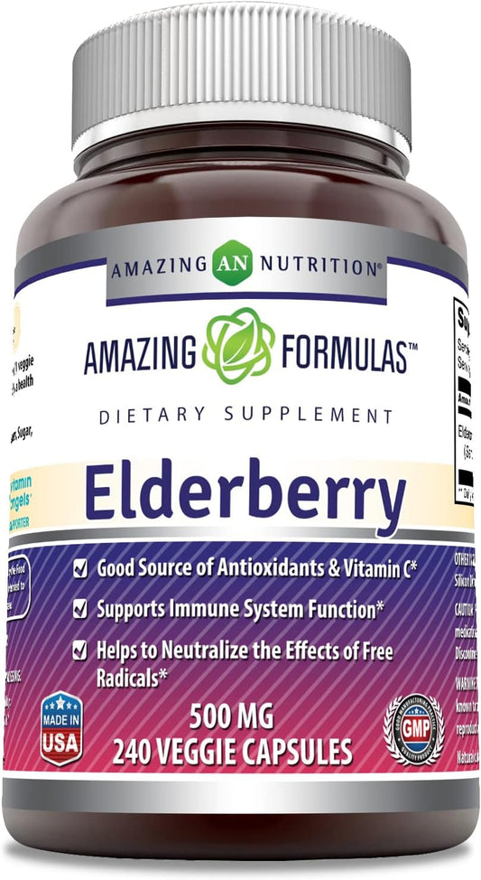 Elderberry 10:1 Concentrate Supplement - 500mg per Serving - 240 Capsules - Non-GMO & Gluten-Free - Made in USA by Amazing Nutrition