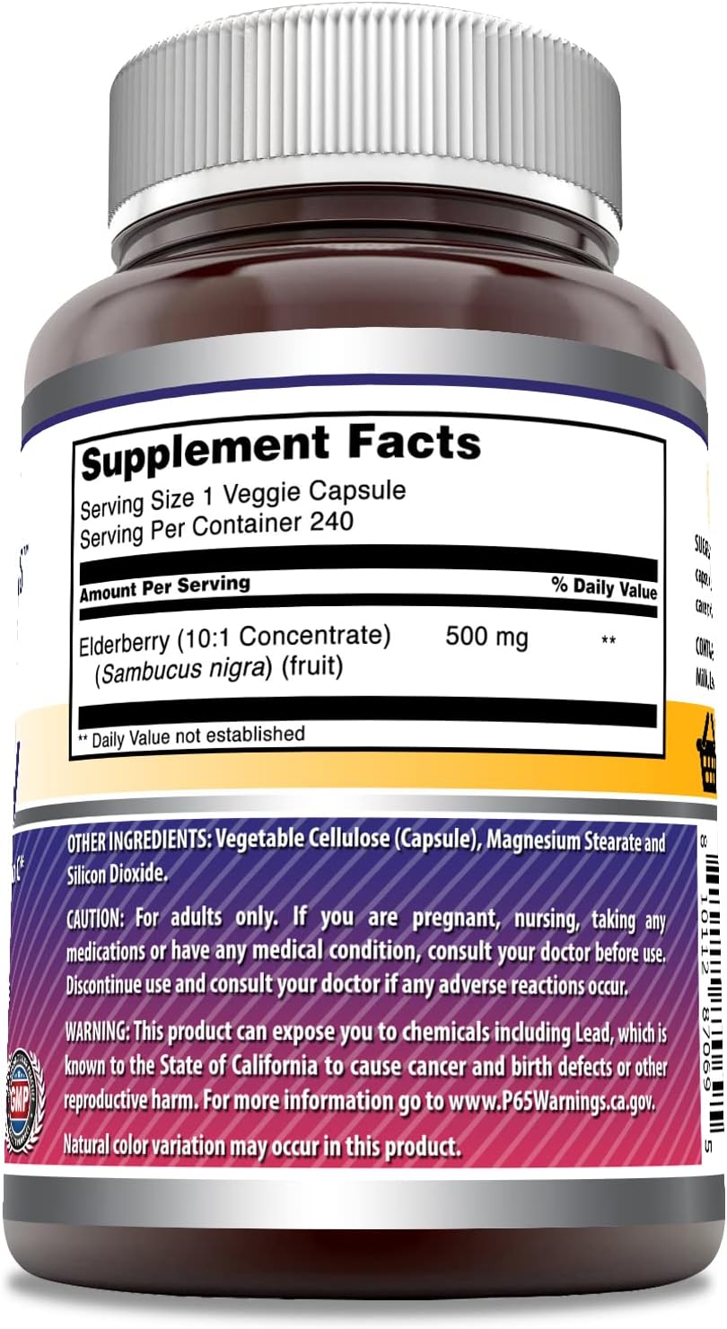 Elderberry 10:1 Concentrate Supplement - 500mg per Serving - 240 Capsules - Non-GMO & Gluten-Free - Made in USA by Amazing Nutrition