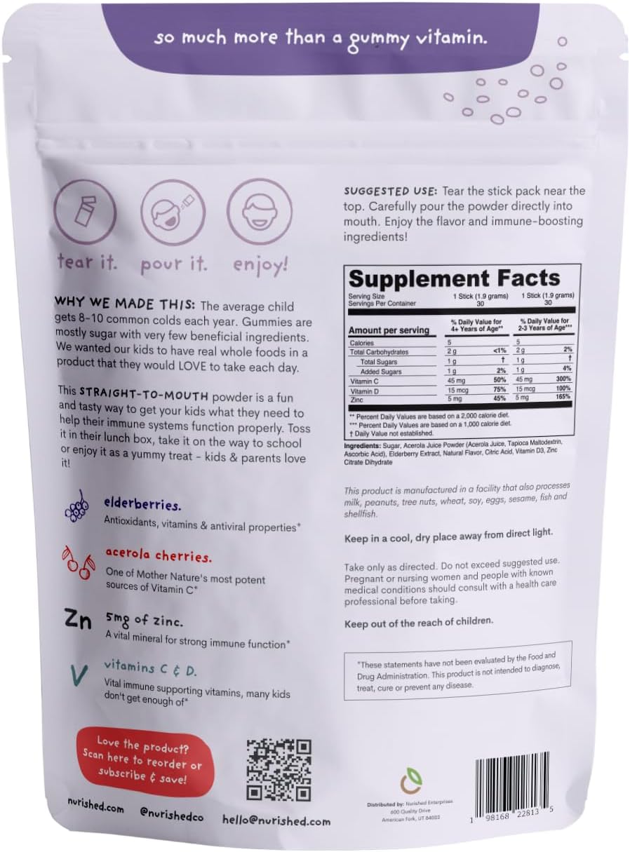 Elderberry & Acerola Cherry Kids Immune Support Powder - Vitamin C, D, Zinc - 30 Servings - 2 Flavors