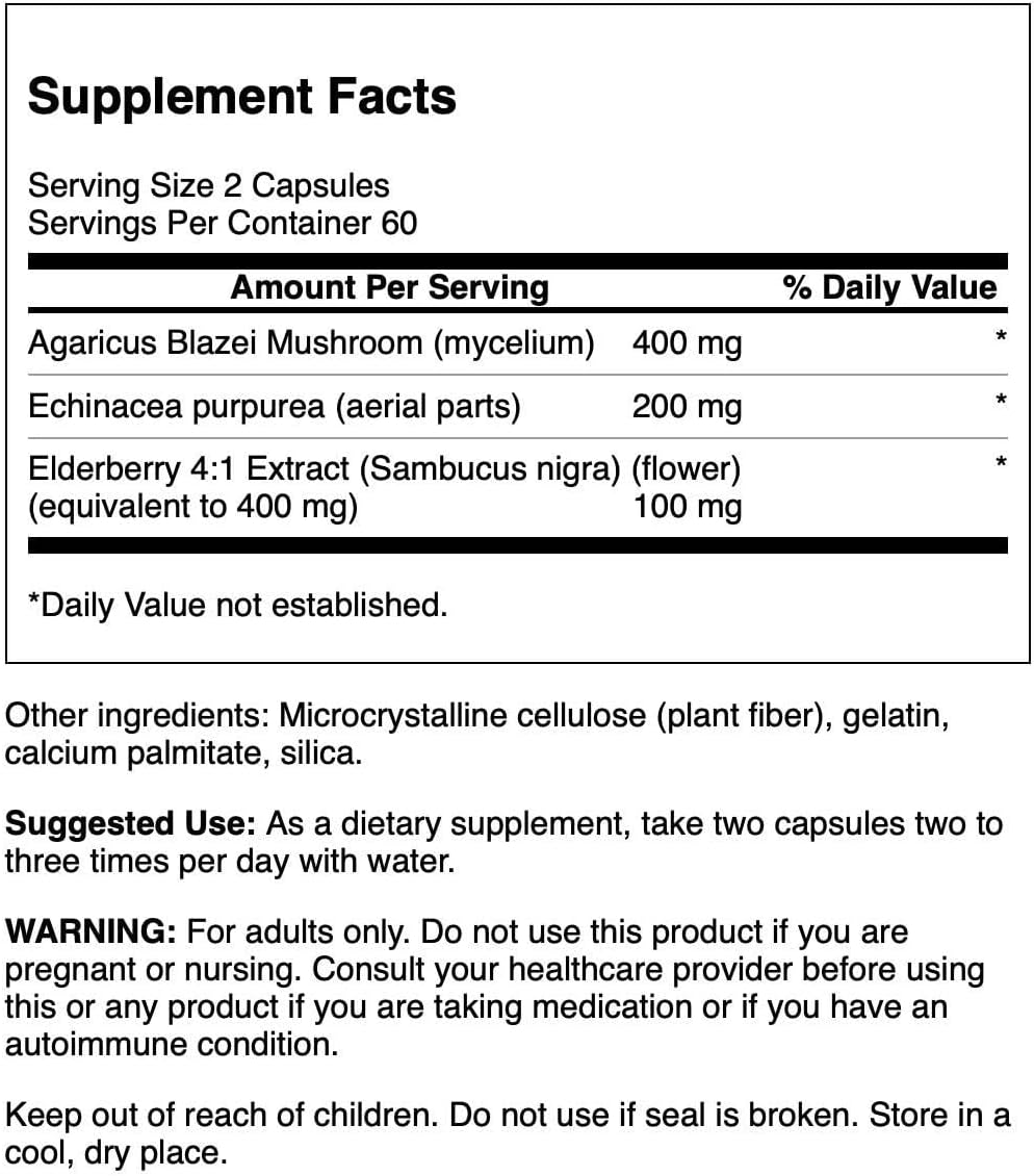 Elderberry Agaricus Echinacea Immune Support Formula Capsules 400mg Elderberry, 400mg Agaricus Blazei, 200mg Echinacea 120ct