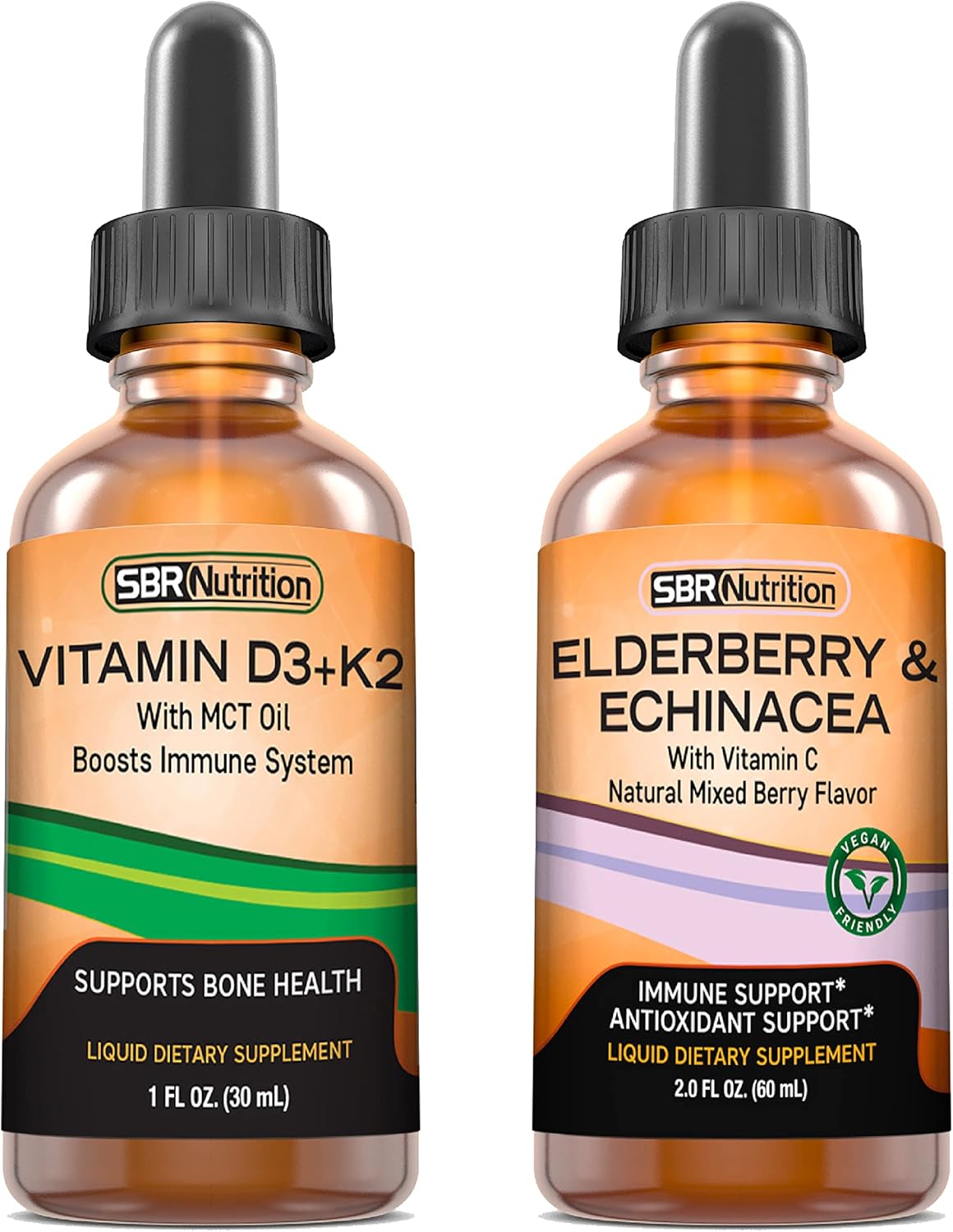 Elderberry & Echinacea Vitamin Bundle for Adults & Kids - Liquid Drops with D3K2 & Vitamin C - Non-GMO & Gluten Free - Peppermint Flavor - 1oz & 2oz
