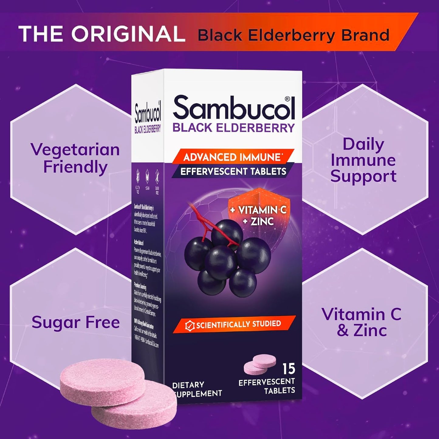 Elderberry Effervescent Tablets with Zinc and Vitamin C for Adults - 15 Count