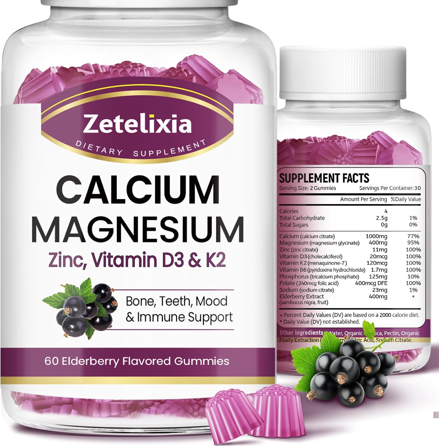Elderberry Flavored Calcium Gummies with Vitamins for Bone and Muscle Health - 120 Count