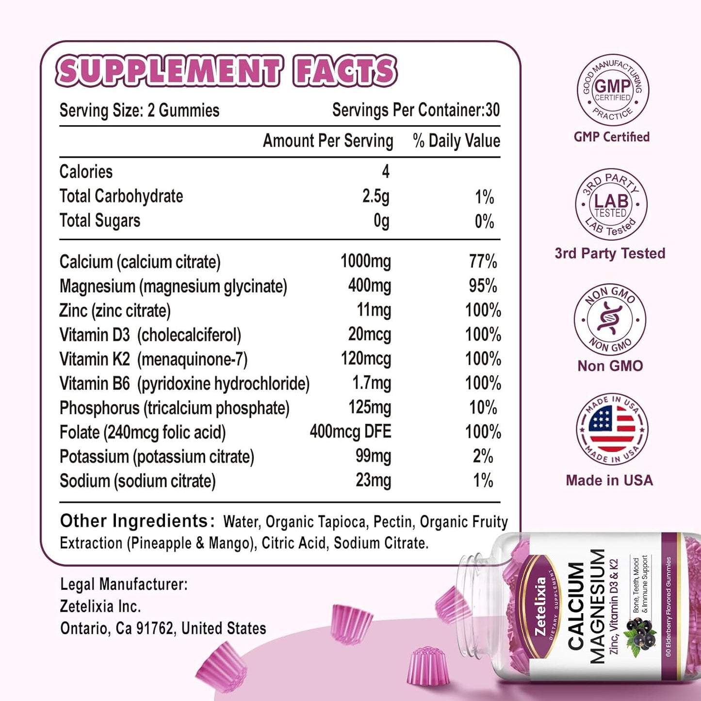 Elderberry Flavored Calcium Gummies with Vitamins for Bone and Muscle Health - 120 Count