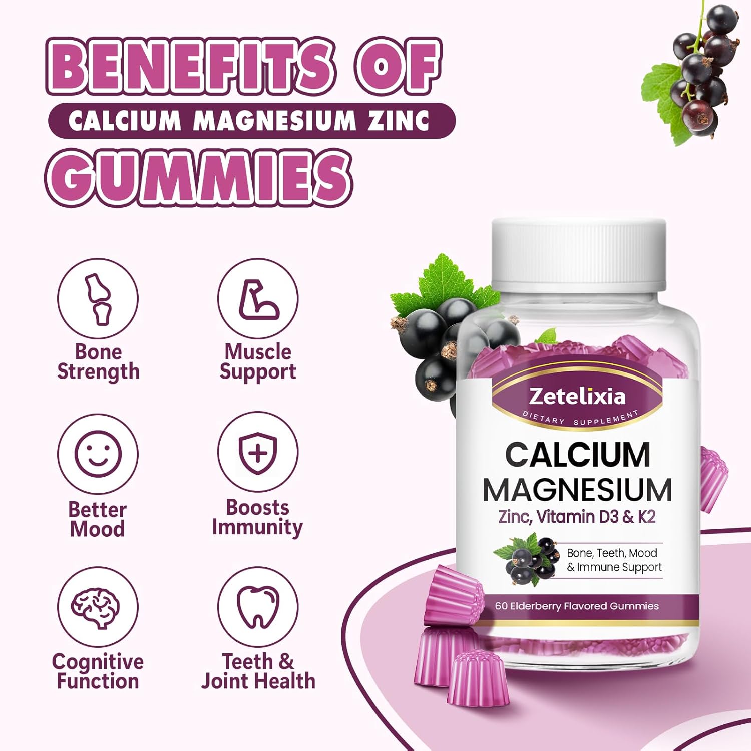 Elderberry Flavored Calcium Gummies with Vitamins for Bone and Muscle Health - 120 Count