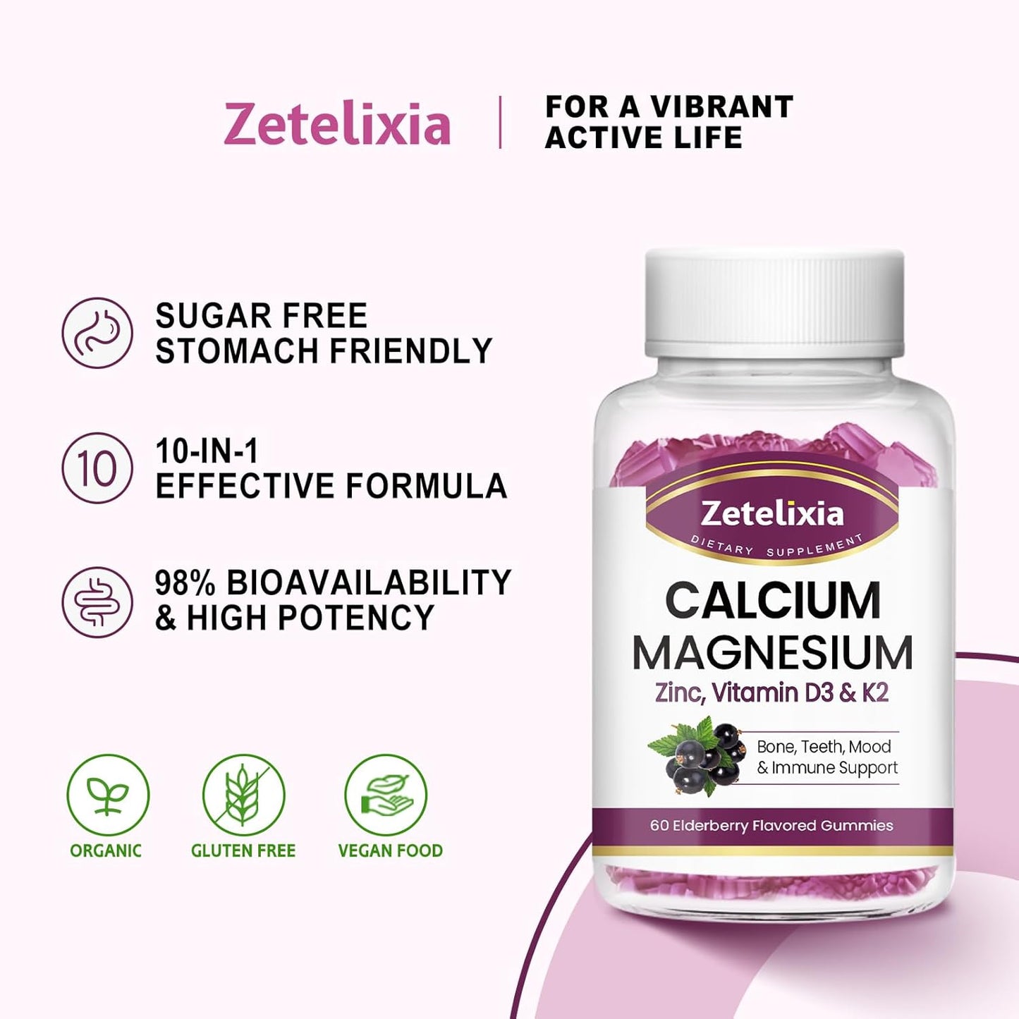 Elderberry Flavored Calcium Gummies with Vitamins for Bone and Muscle Health - 120 Count