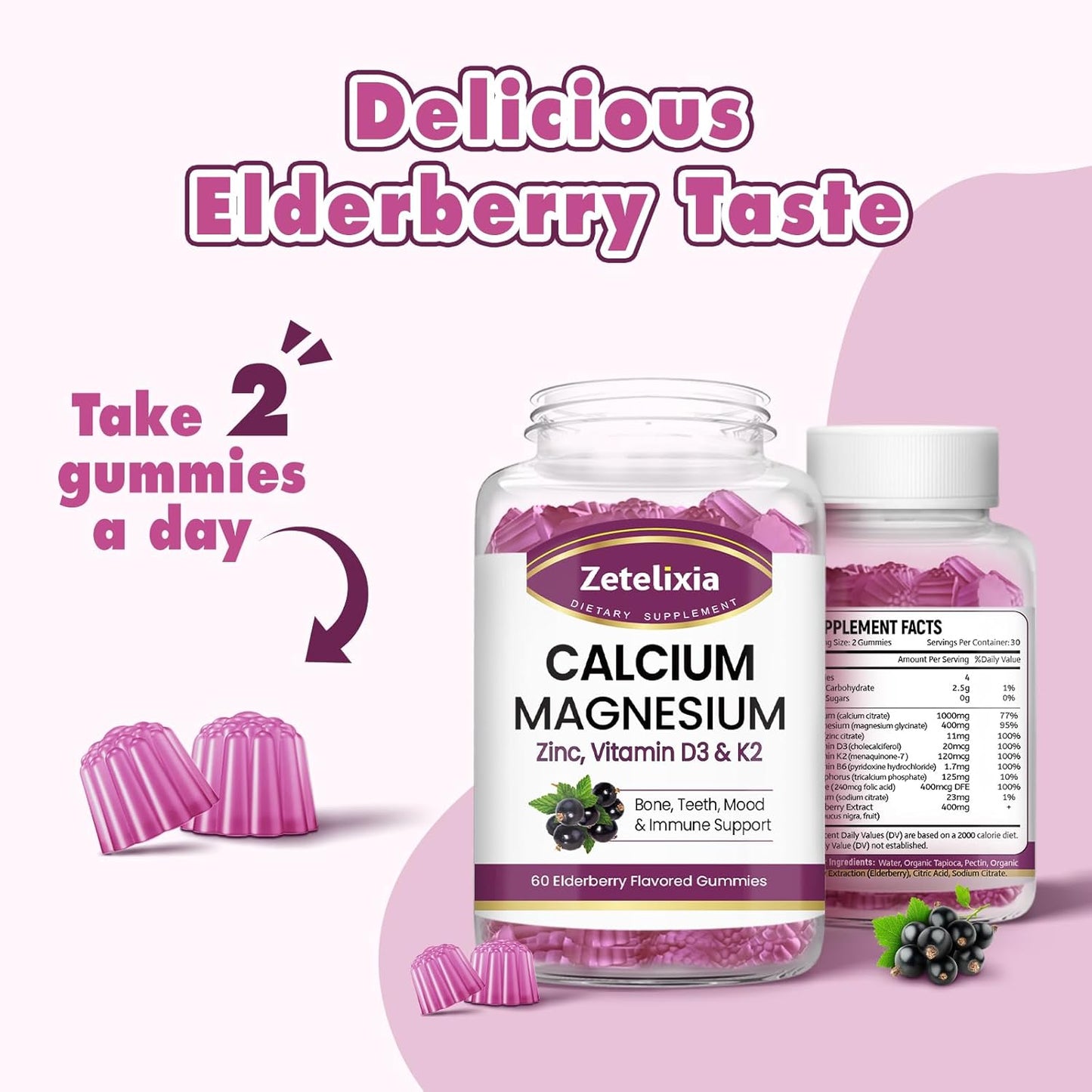 Elderberry Flavored Calcium Gummies with Vitamins for Bone and Muscle Health - 120 Count