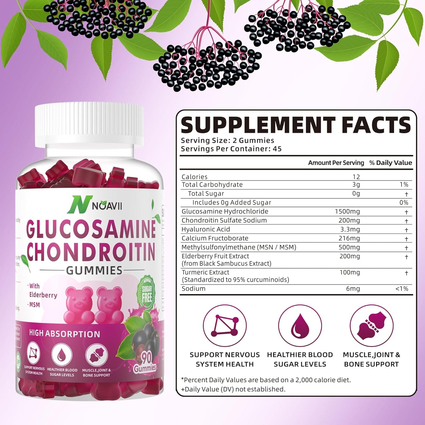 Elderberry Flavored Glucosamine Chondroitin Gummies with MSM for Joint & Immune Support - 180 Count for Men & Women