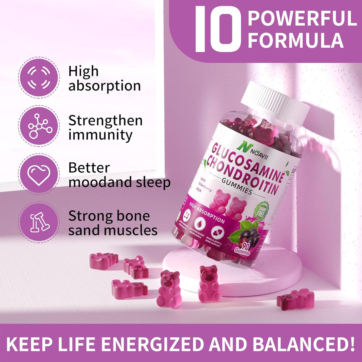 Elderberry Flavored Glucosamine Chondroitin Gummies with MSM for Joint & Immune Support - 180 Count for Men & Women