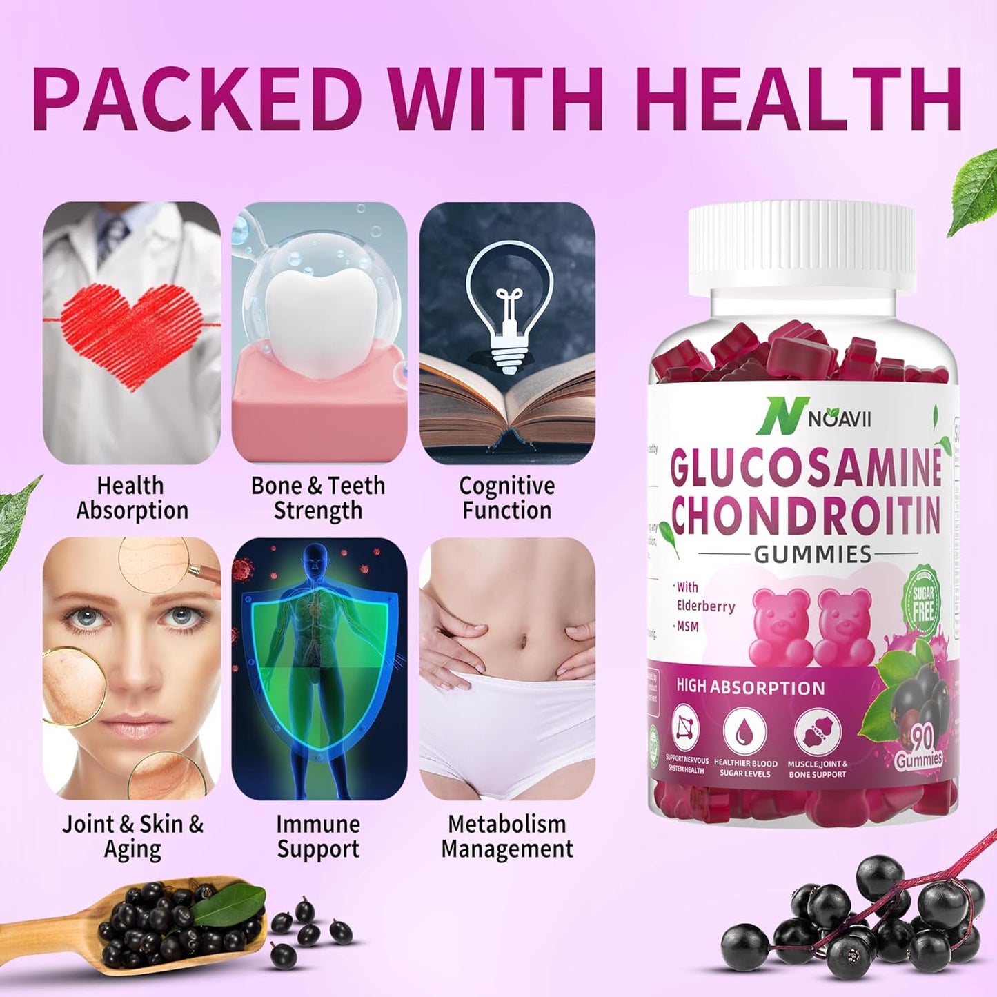 Elderberry Flavored Glucosamine Chondroitin Gummies with MSM for Joint & Immune Support - 180 Count for Men & Women