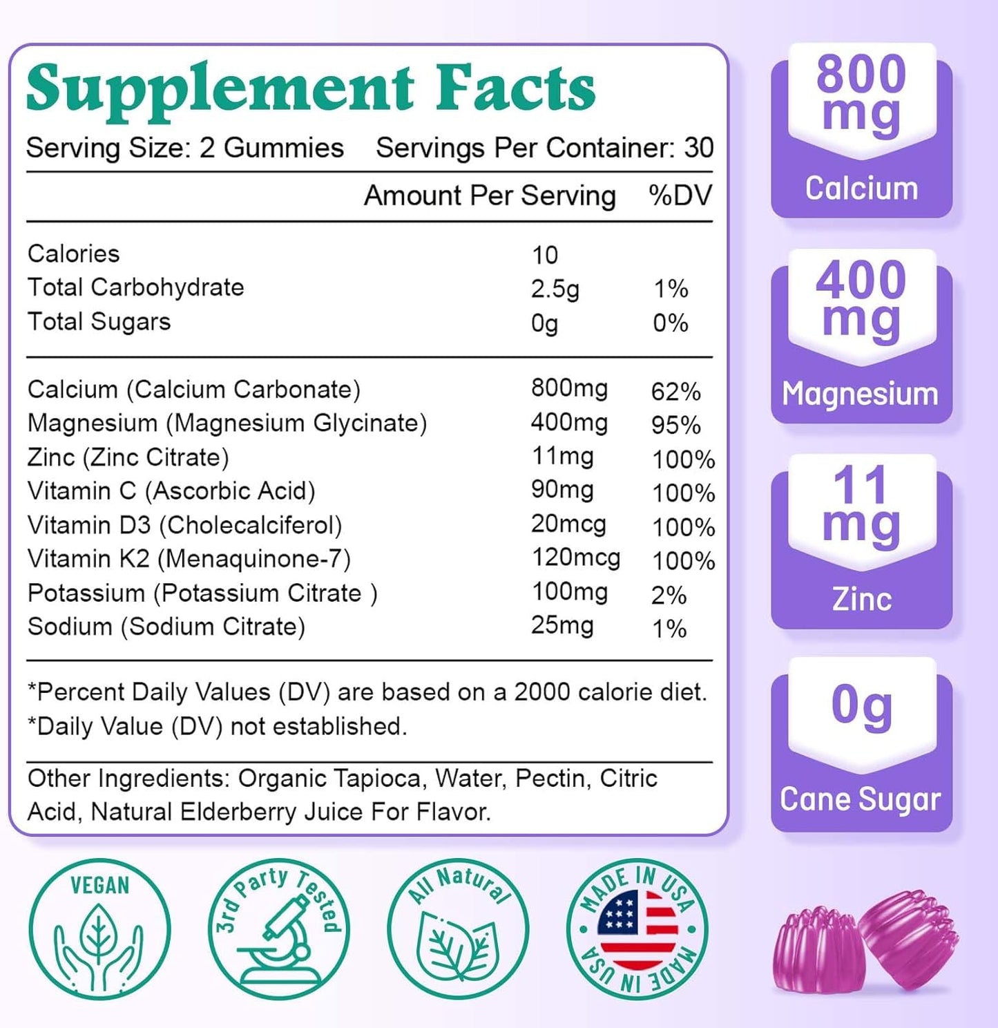 Elderberry Flavored Vegan Calcium Gummies with High Absorption Formula for Bone and Muscle Health - 60 Count