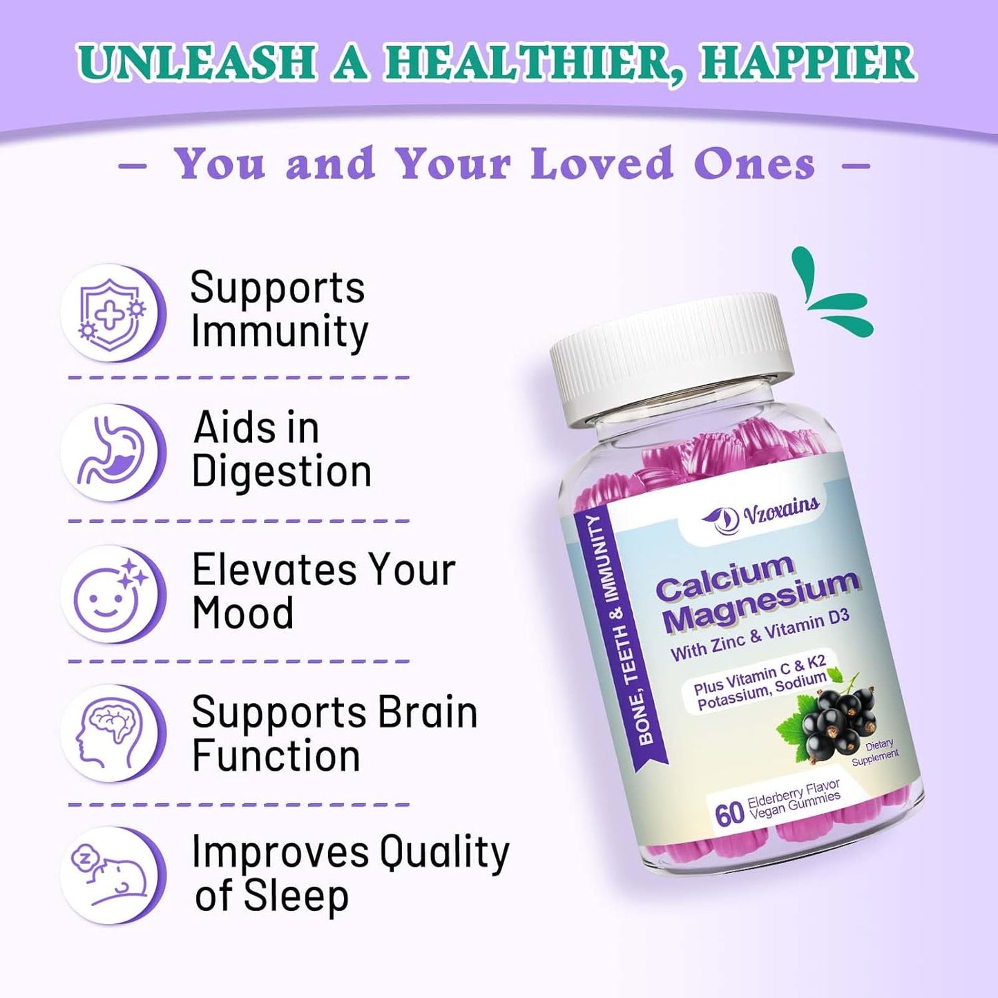 Elderberry Flavored Vegan Calcium Gummies with High Absorption Formula for Bone and Muscle Health - 60 Count