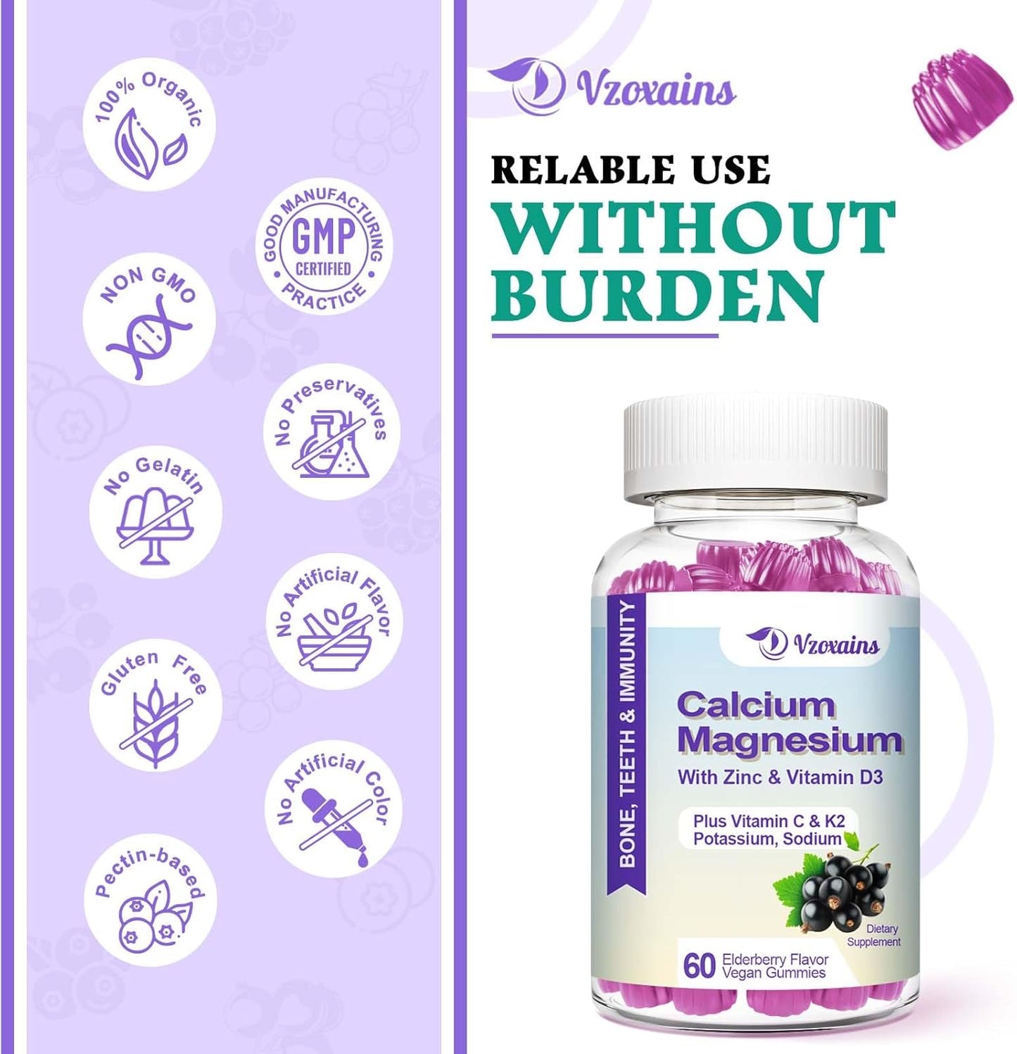 Elderberry Flavored Vegan Calcium Gummies with High Absorption Formula for Bone and Muscle Health - 60 Count