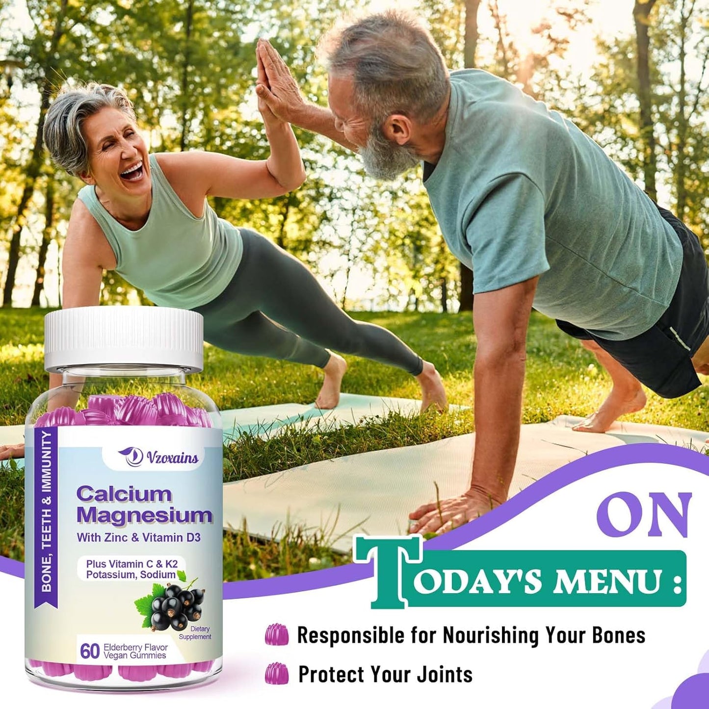 Elderberry Flavored Vegan Calcium Gummies with High Absorption Formula for Bone and Muscle Health - 60 Count