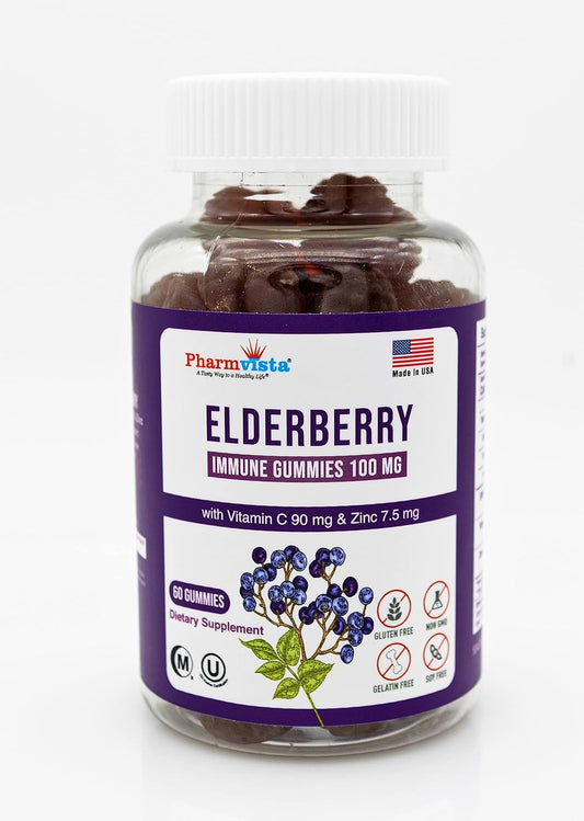 Elderberry Gummies 100mg with Vitamin C, Zinc - Immune Support, Gluten-Free - 60 Count
