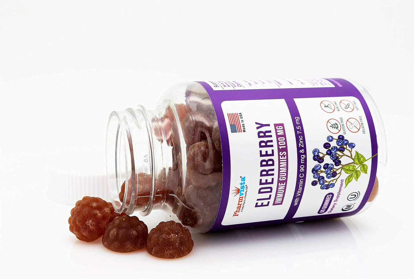 Elderberry Gummies 100mg with Vitamin C, Zinc - Immune Support, Gluten-Free - 60 Count