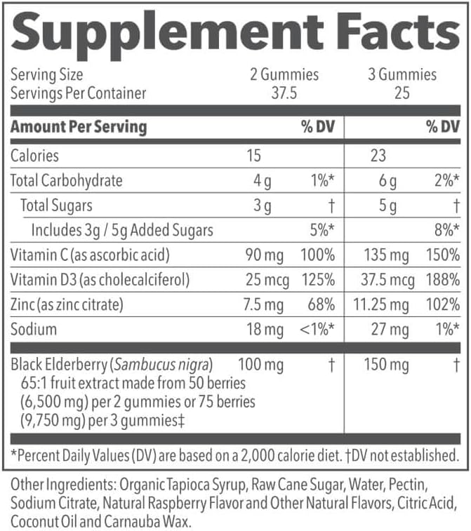 Elderberry Gummies for Immune Support with Vitamin C, D3, Zinc - 75 Gummies, Maltodextrin-Free