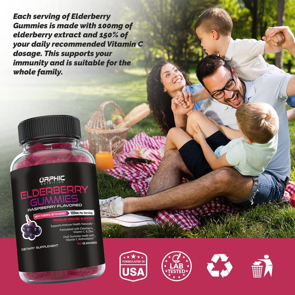 Elderberry Gummies with Vitamin C and Zinc - Immune Support for Men, Women, and Kids - 60 Count